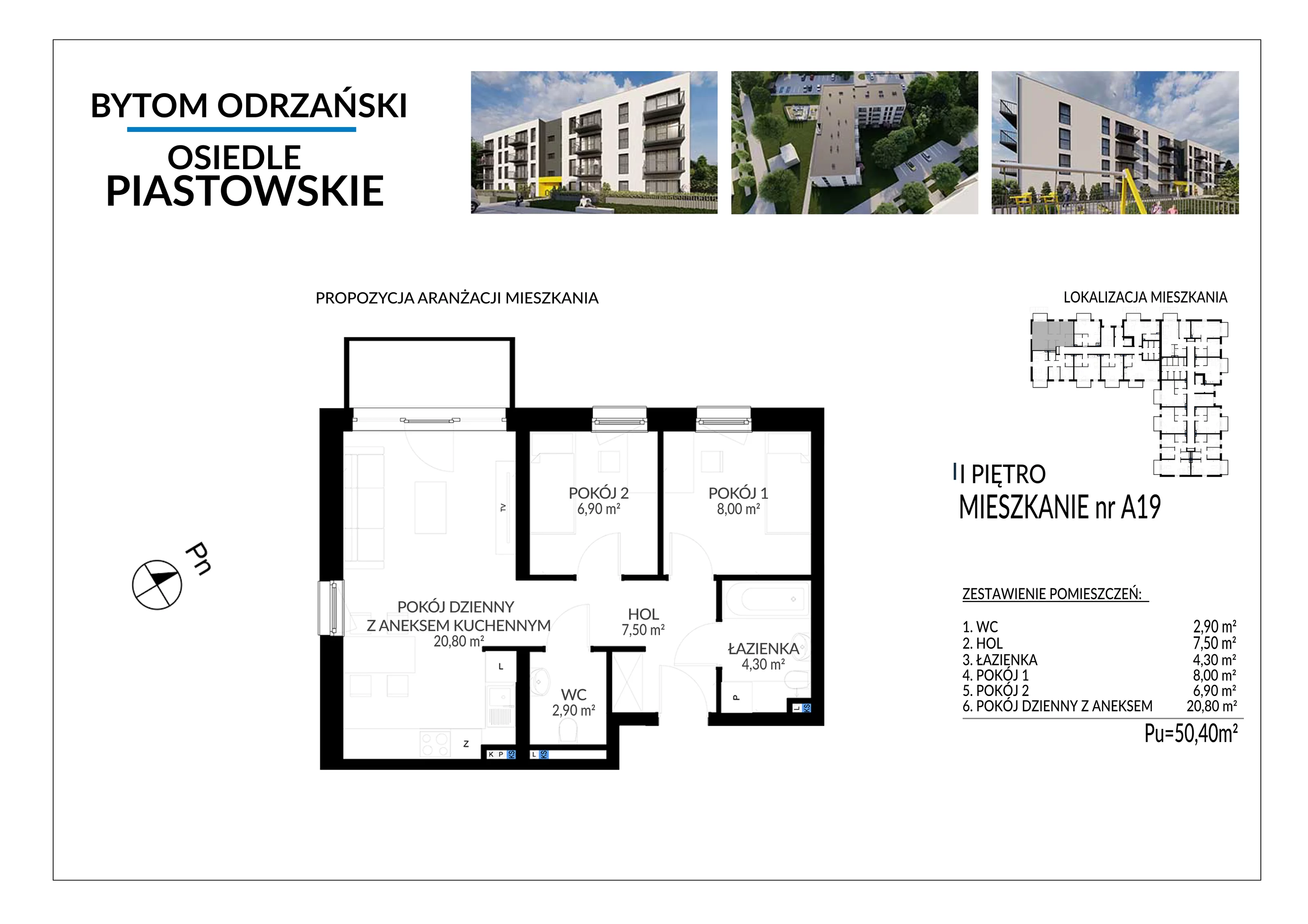 3 pokoje, mieszkanie 50,40 m², piętro 2, oferta nr A19, Osiedle Piastowskie, Bytom Odrzański, ul. Witosa