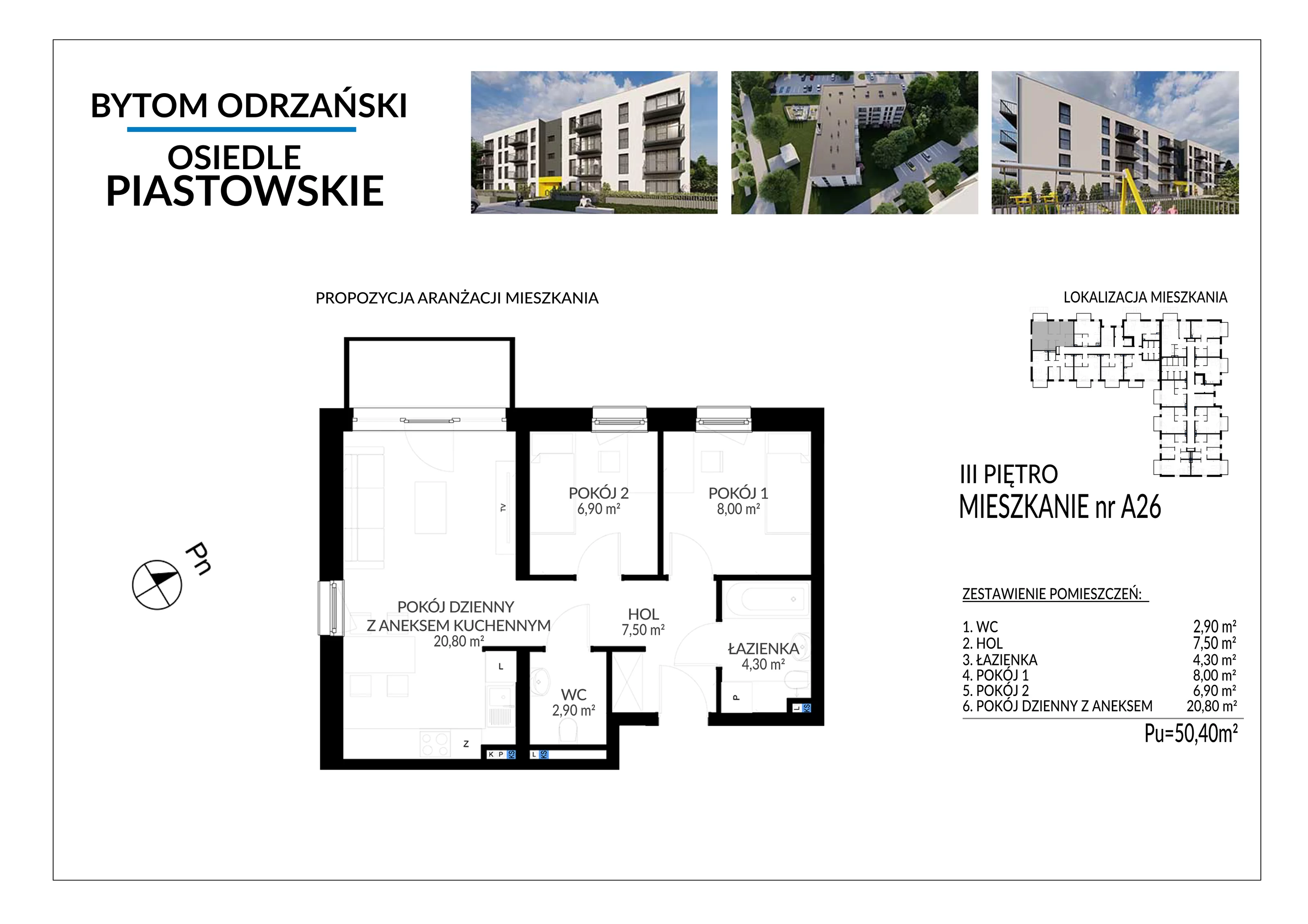 3 pokoje, mieszkanie 50,40 m², piętro 3, oferta nr A26, Osiedle Piastowskie, Bytom Odrzański, ul. Witosa