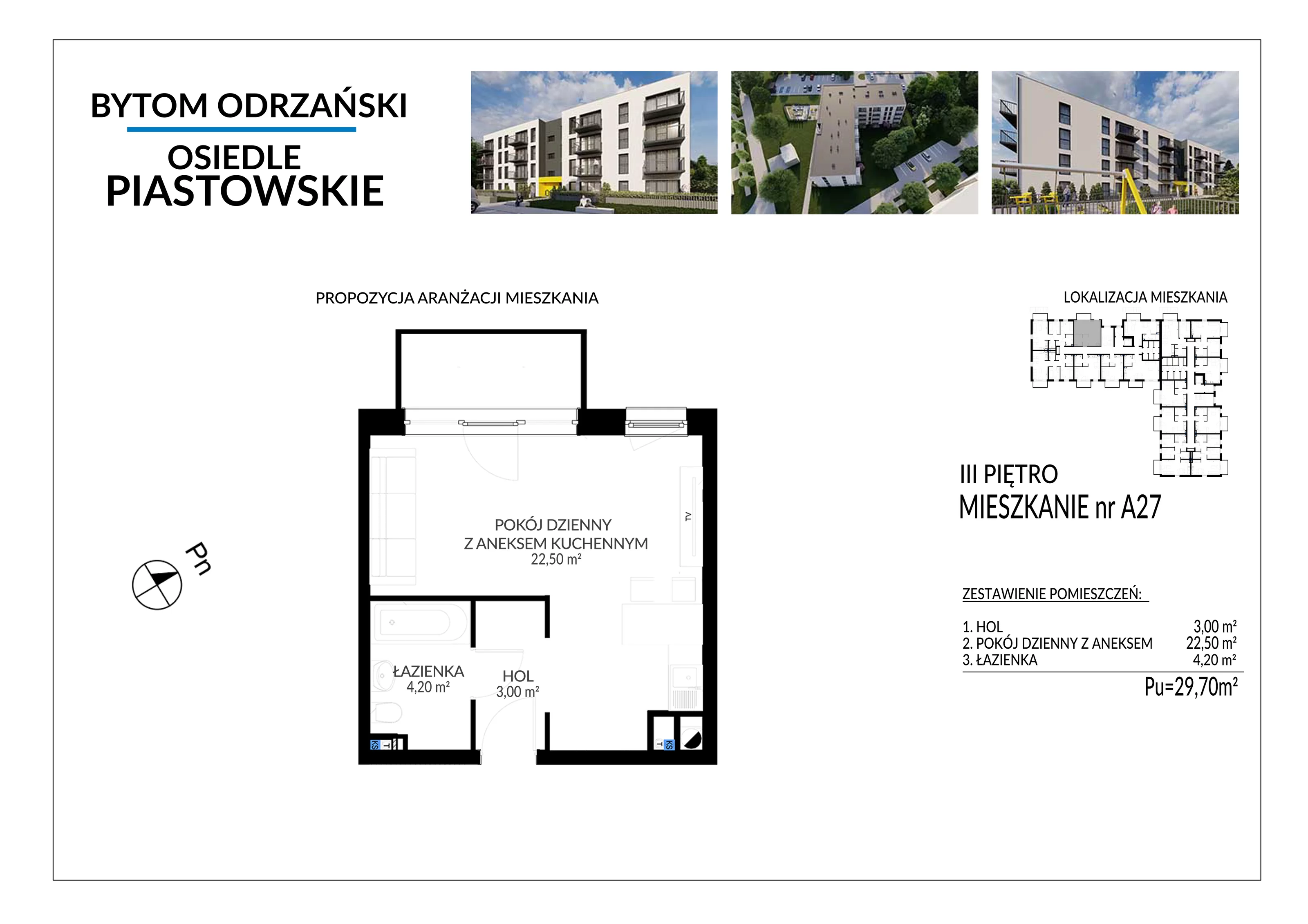 1 pokój, mieszkanie 29,70 m², piętro 3, oferta nr A27, Osiedle Piastowskie, Bytom Odrzański, ul. Witosa
