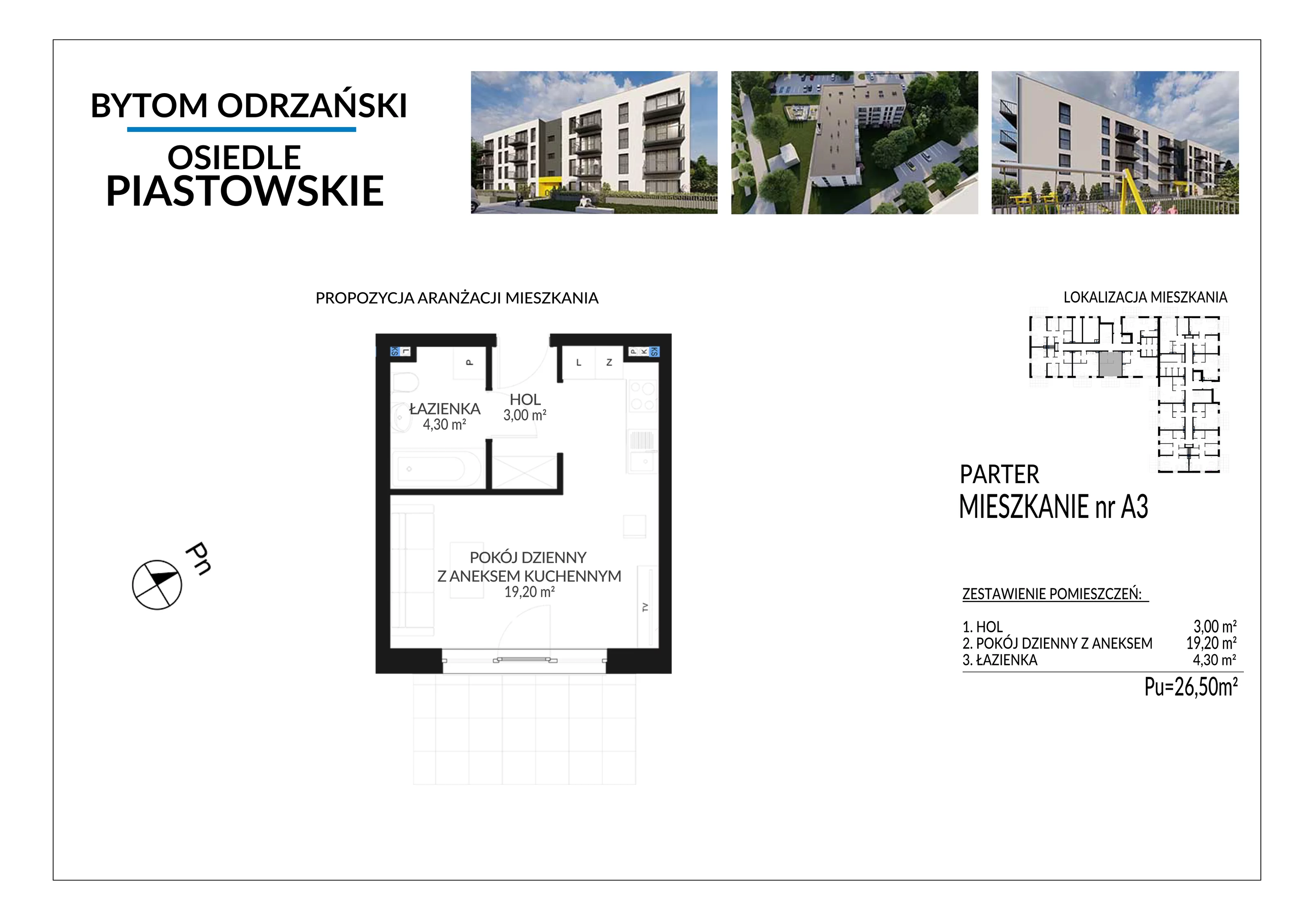 1 pokój, mieszkanie 26,50 m², parter, oferta nr A3, Osiedle Piastowskie, Bytom Odrzański, ul. Witosa