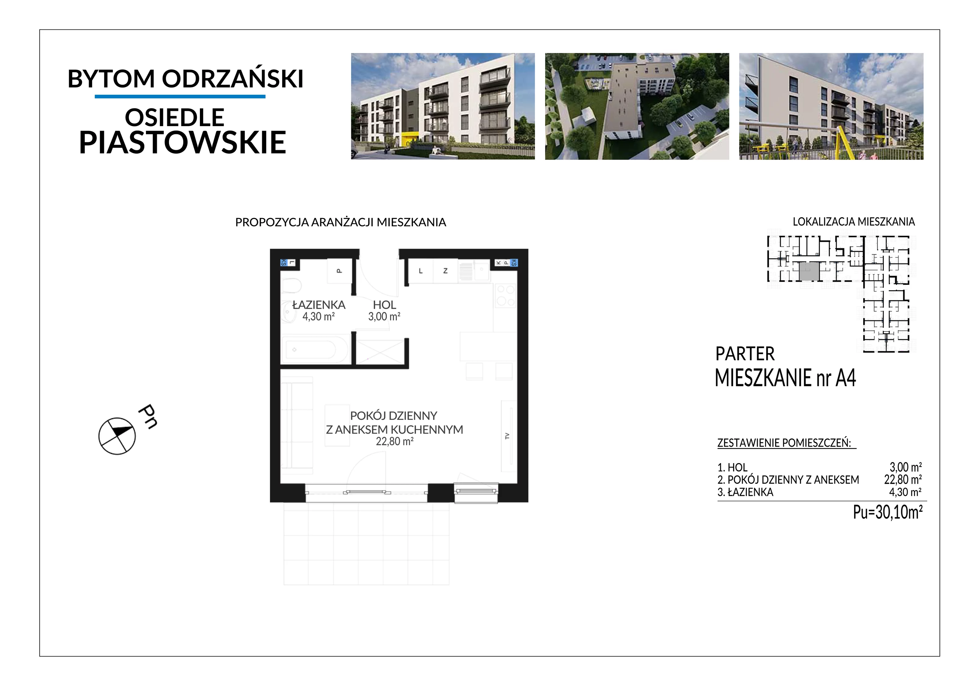 1 pokój, mieszkanie 30,10 m², parter, oferta nr A4, Osiedle Piastowskie, Bytom Odrzański, ul. Witosa