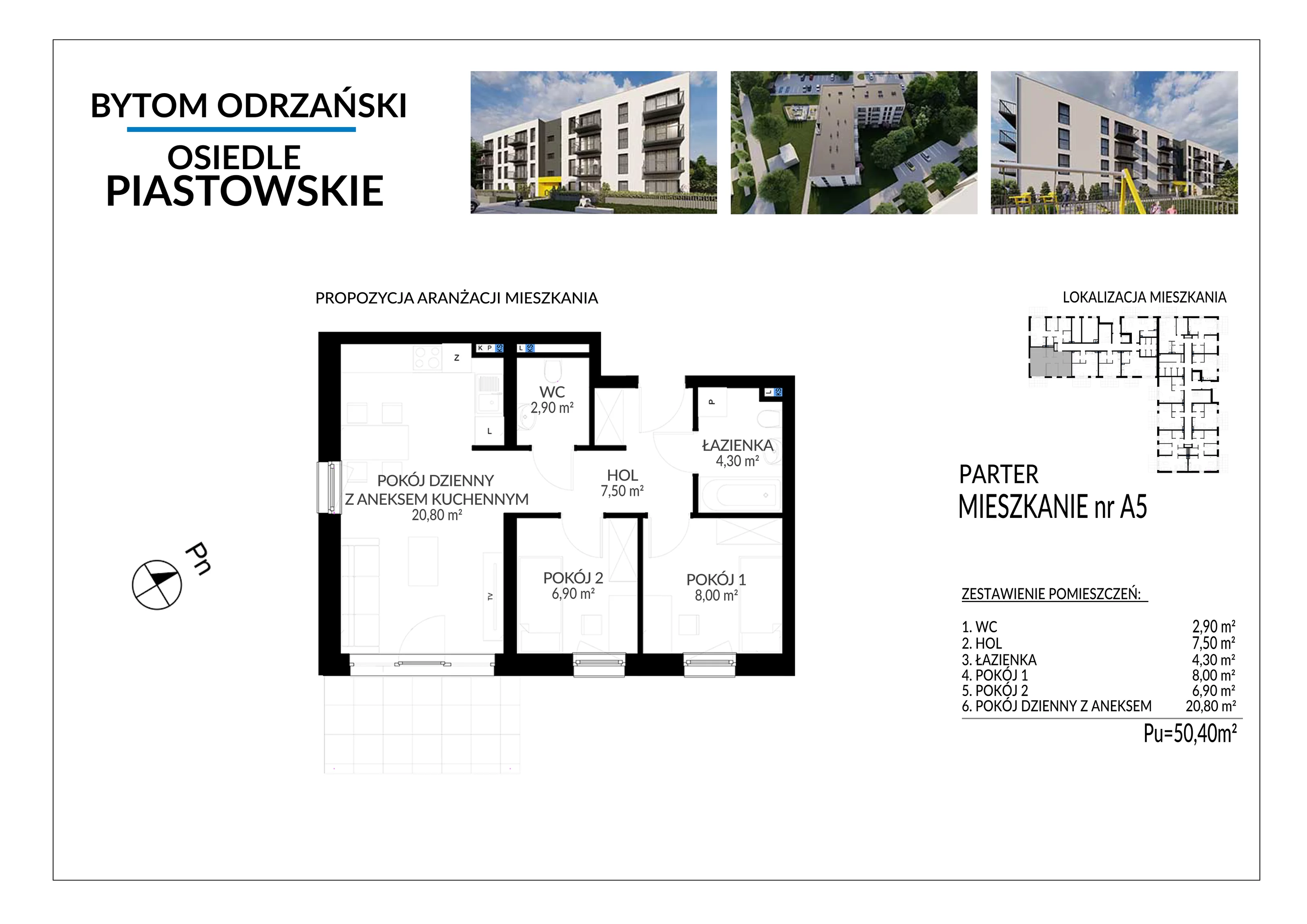 3 pokoje, mieszkanie 50,40 m², parter, oferta nr A5, Osiedle Piastowskie, Bytom Odrzański, ul. Witosa