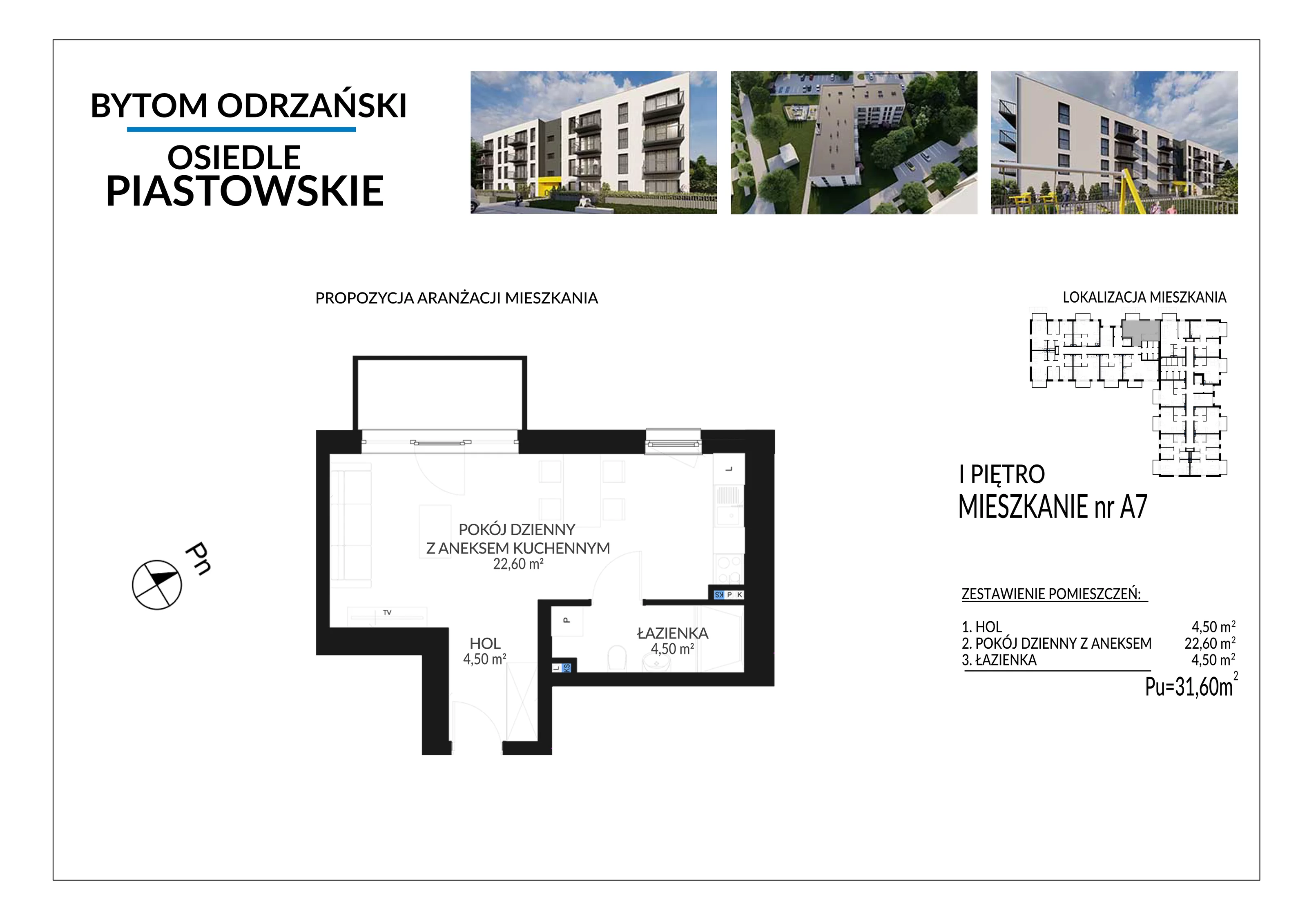 1 pokój, mieszkanie 31,60 m², piętro 1, oferta nr A7, Osiedle Piastowskie, Bytom Odrzański, ul. Witosa