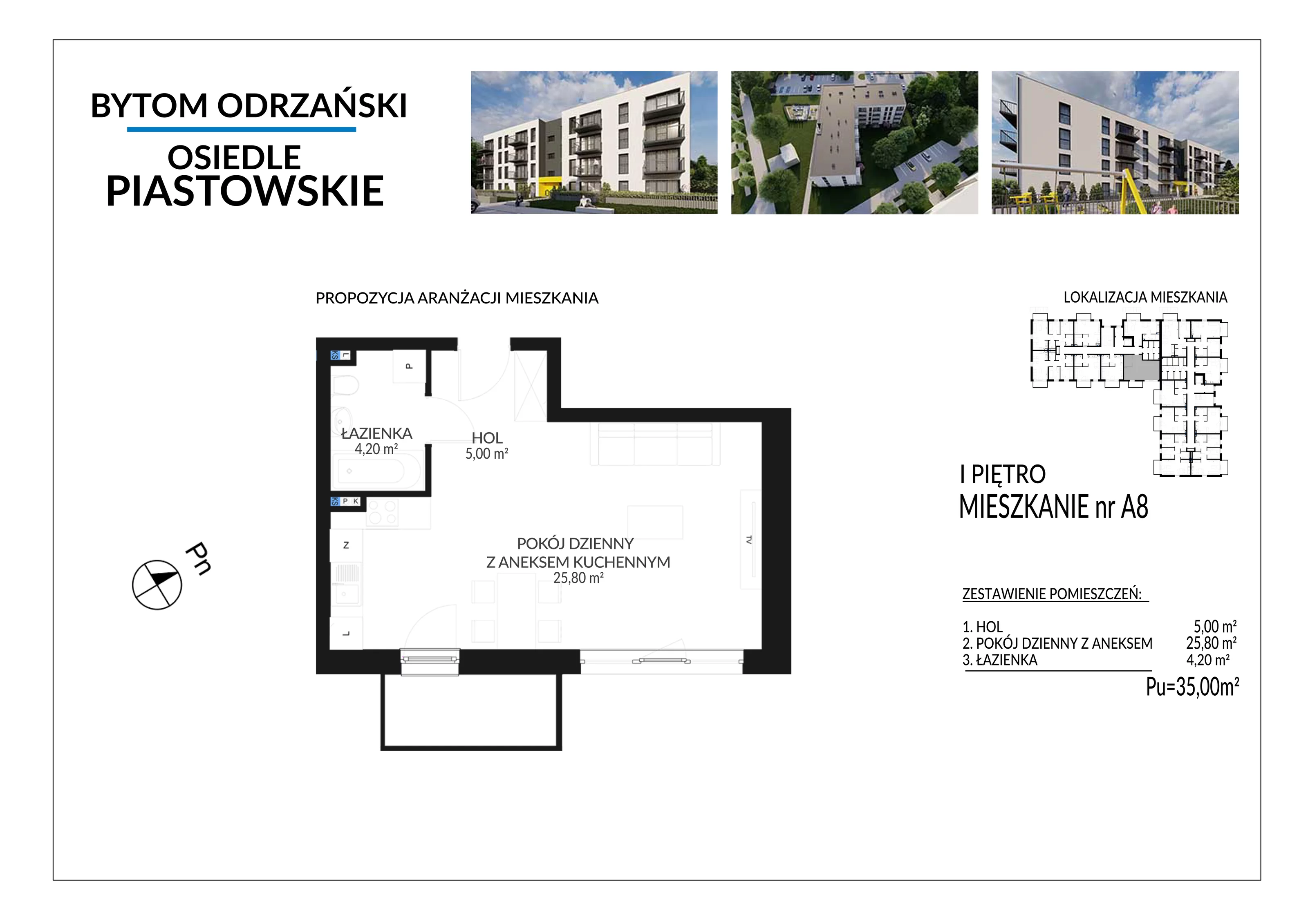 1 pokój, mieszkanie 35,00 m², piętro 1, oferta nr A8, Osiedle Piastowskie, Bytom Odrzański, ul. Witosa
