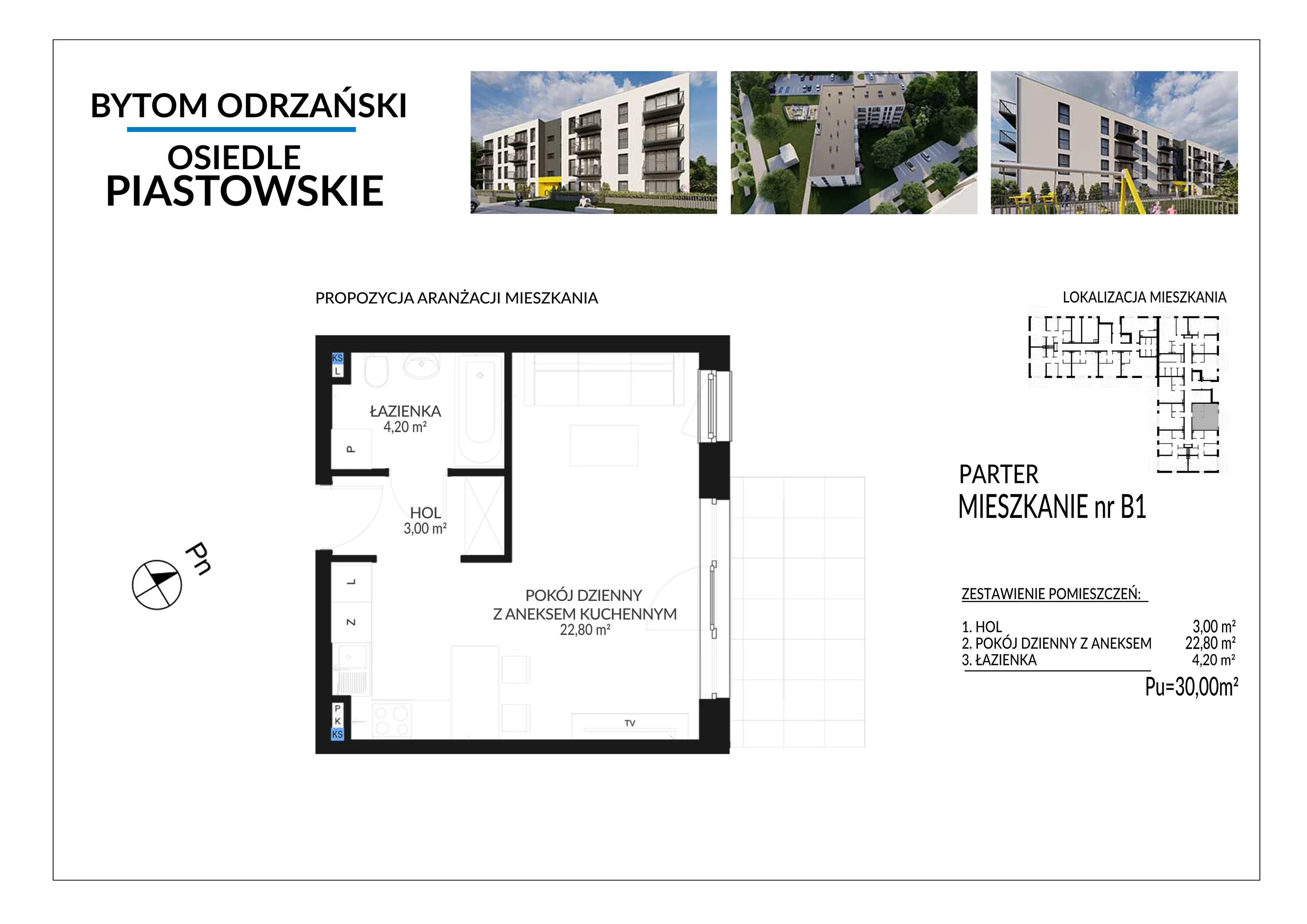 1 pokój, mieszkanie 30,00 m², parter, oferta nr B1, Osiedle Piastowskie, Bytom Odrzański, ul. Witosa