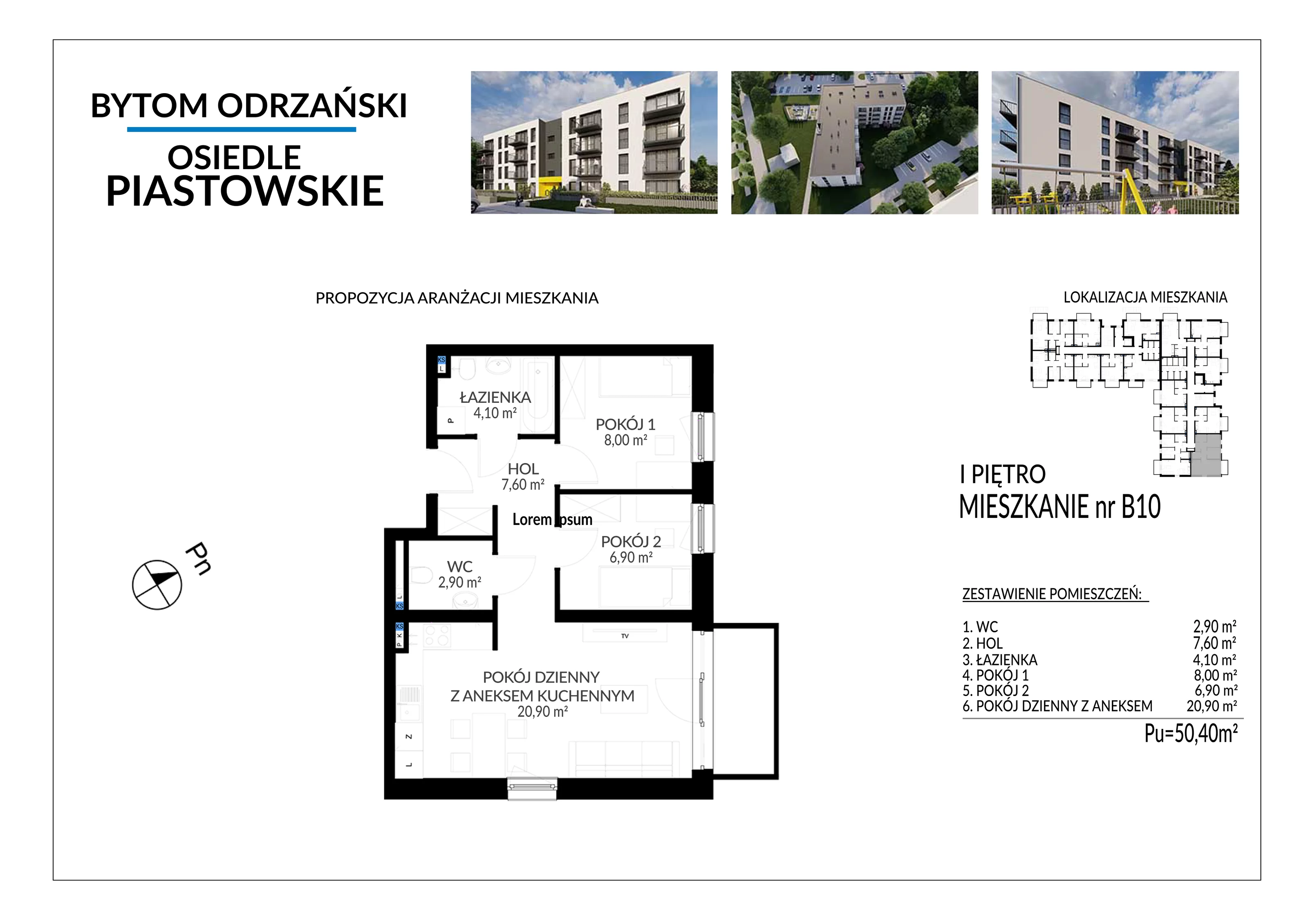 3 pokoje, mieszkanie 50,40 m², piętro 1, oferta nr B10, Osiedle Piastowskie, Bytom Odrzański, ul. Witosa