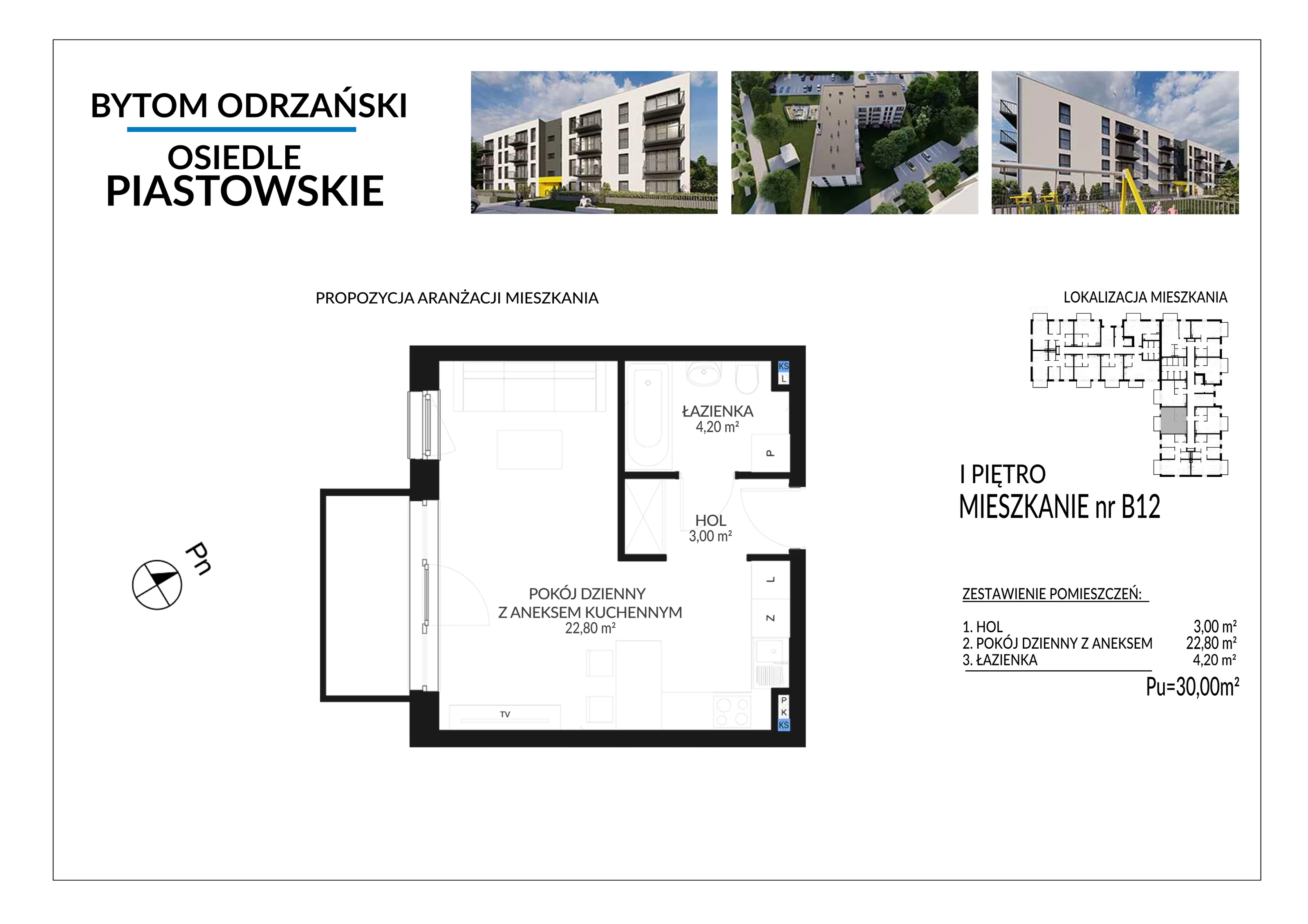 1 pokój, mieszkanie 30,00 m², piętro 1, oferta nr B12, Osiedle Piastowskie, Bytom Odrzański, ul. Witosa
