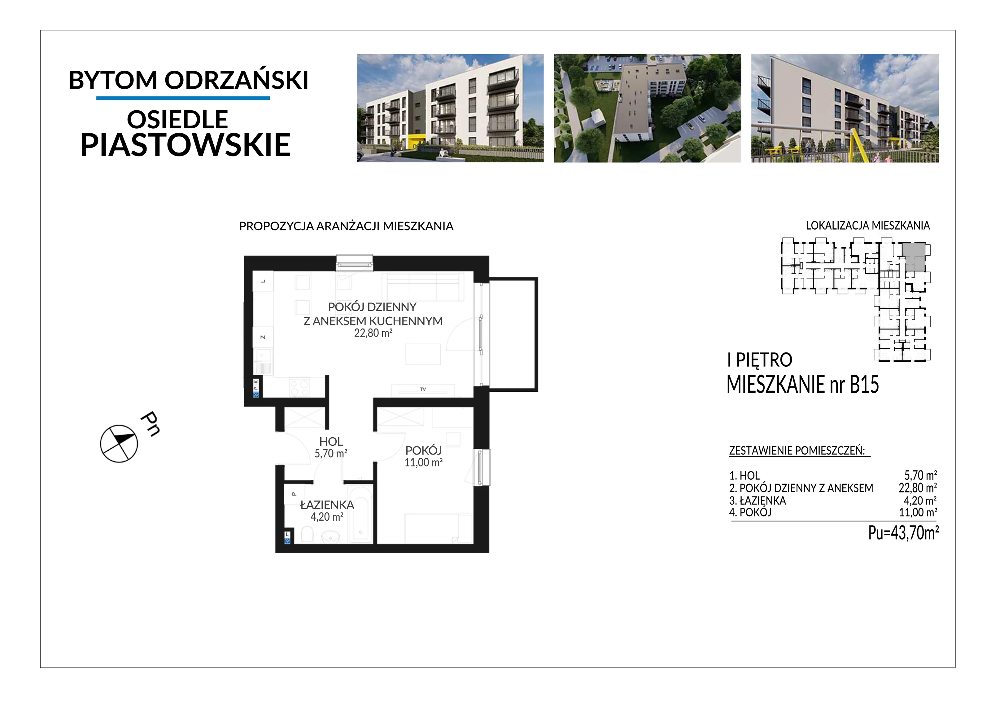 2 pokoje, mieszkanie 43,70 m², piętro 1, oferta nr B15, Osiedle Piastowskie, Bytom Odrzański, ul. Witosa
