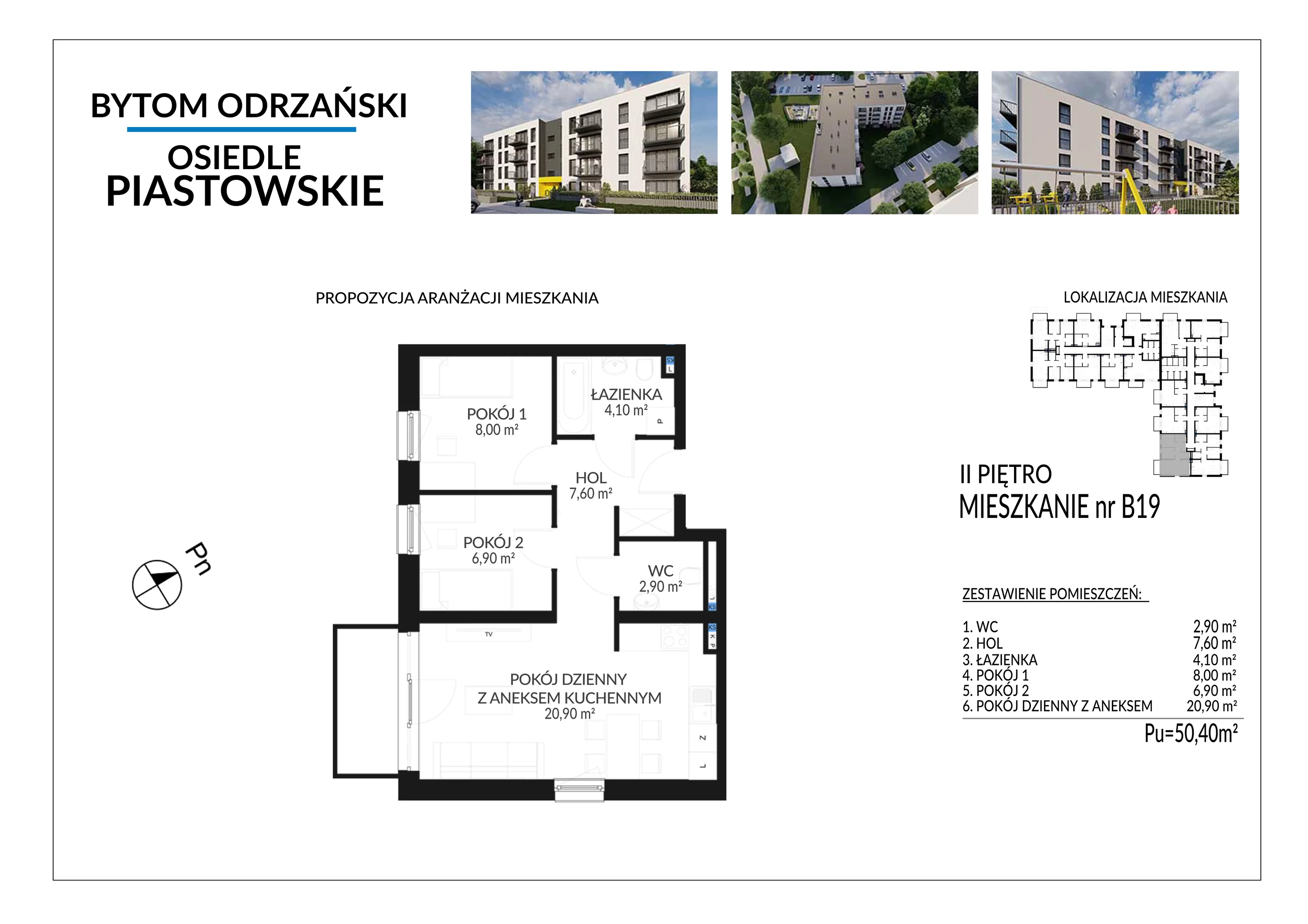 3 pokoje, mieszkanie 50,40 m², piętro 2, oferta nr B19, Osiedle Piastowskie, Bytom Odrzański, ul. Witosa