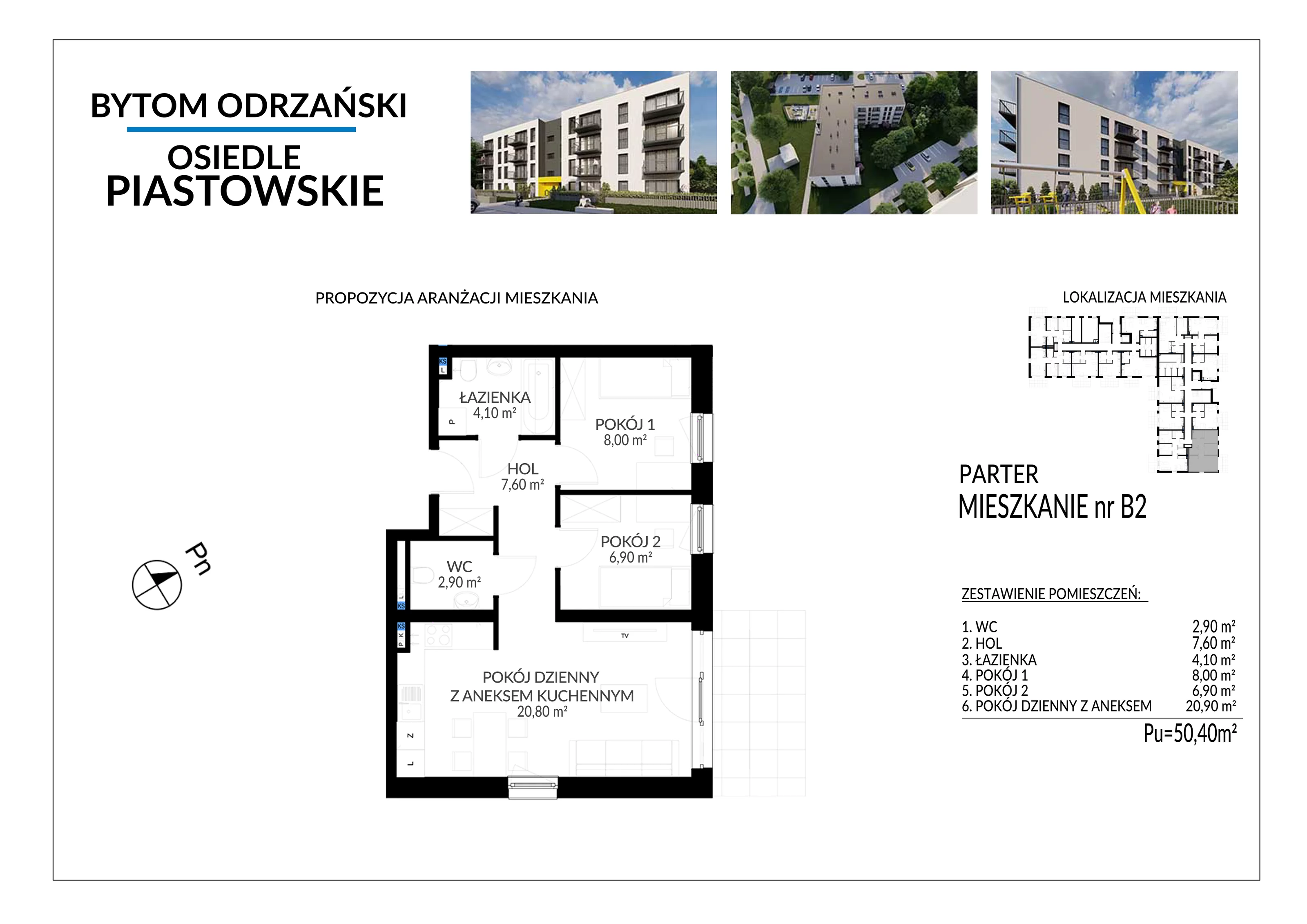 3 pokoje, mieszkanie 50,40 m², parter, oferta nr B2, Osiedle Piastowskie, Bytom Odrzański, ul. Witosa