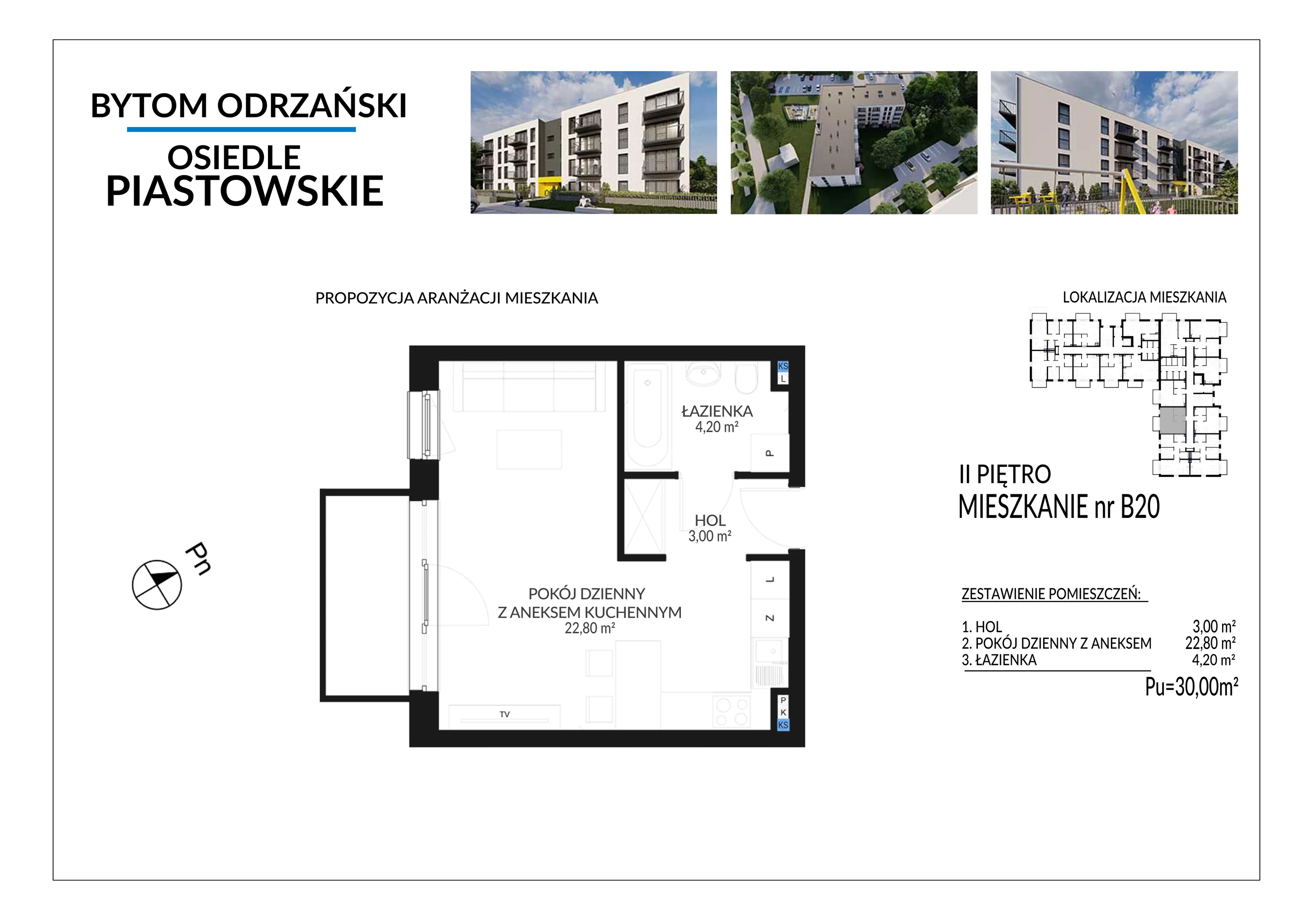 1 pokój, mieszkanie 30,00 m², piętro 2, oferta nr B20, Osiedle Piastowskie, Bytom Odrzański, ul. Witosa