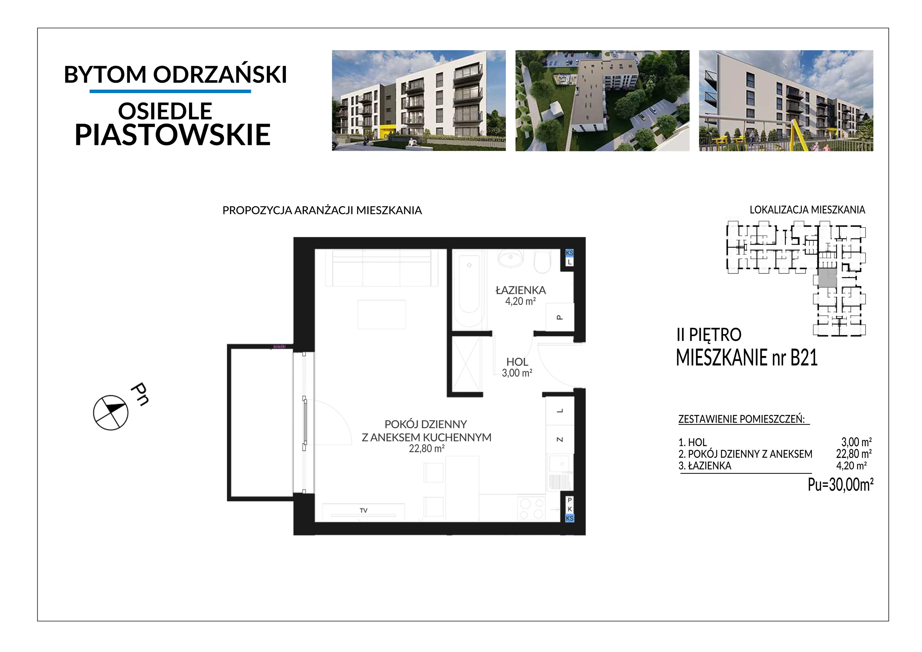 1 pokój, mieszkanie 30,00 m², piętro 2, oferta nr B21, Osiedle Piastowskie, Bytom Odrzański, ul. Witosa