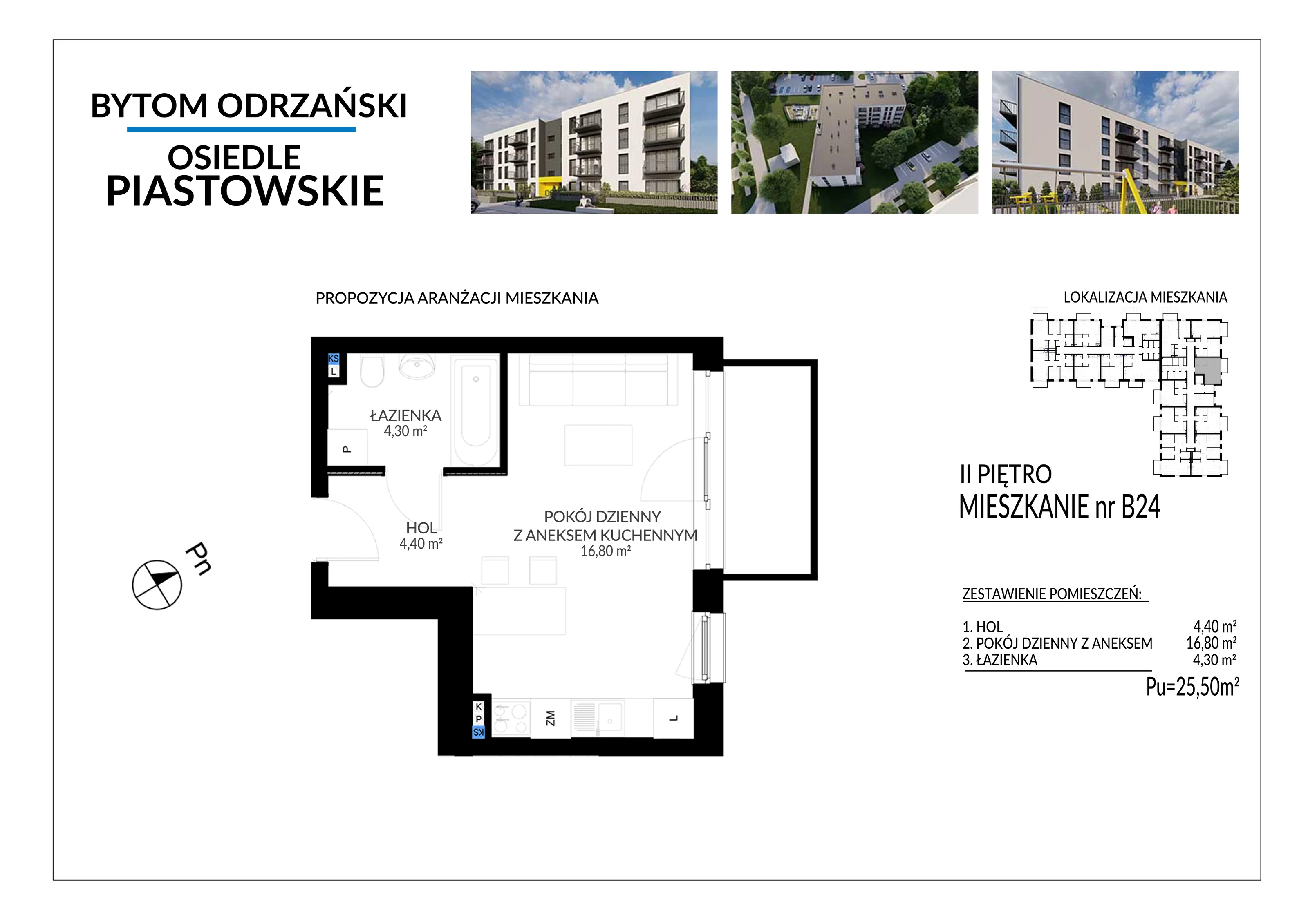 1 pokój, mieszkanie 25,50 m², piętro 2, oferta nr B24, Osiedle Piastowskie, Bytom Odrzański, ul. Witosa