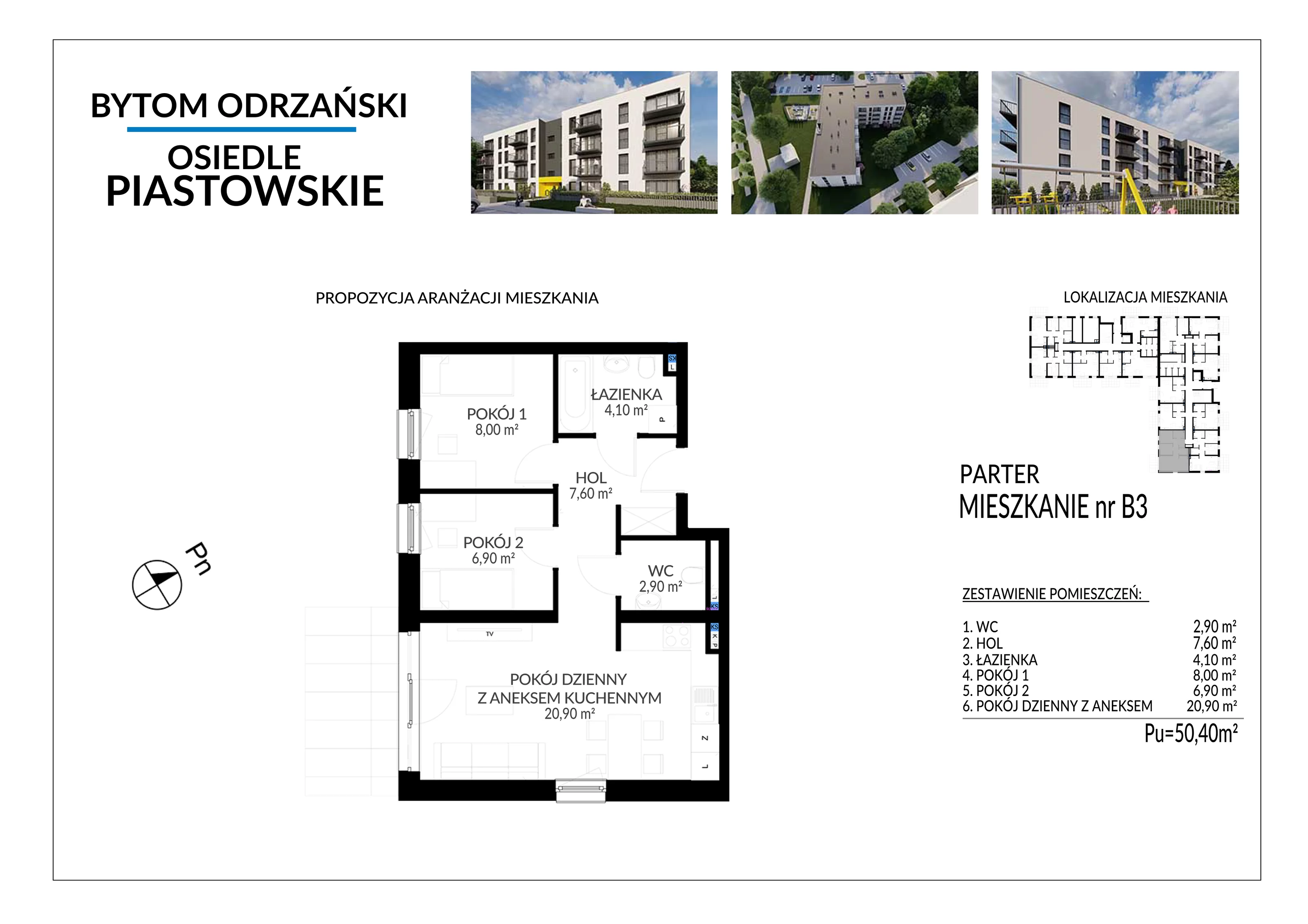 3 pokoje, mieszkanie 50,40 m², parter, oferta nr B3, Osiedle Piastowskie, Bytom Odrzański, ul. Witosa