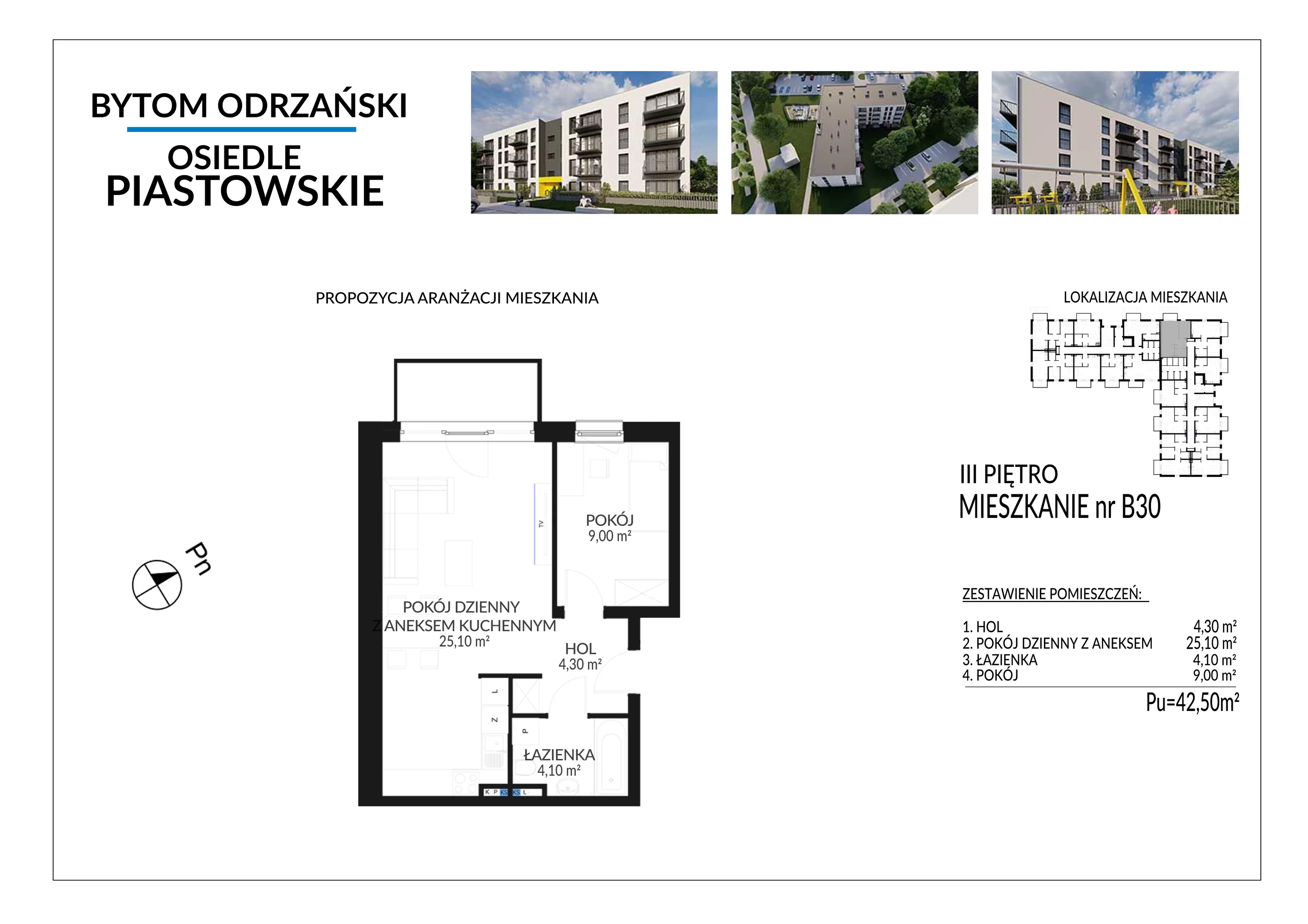 2 pokoje, mieszkanie 42,50 m², piętro 3, oferta nr B30, Osiedle Piastowskie, Bytom Odrzański, ul. Witosa