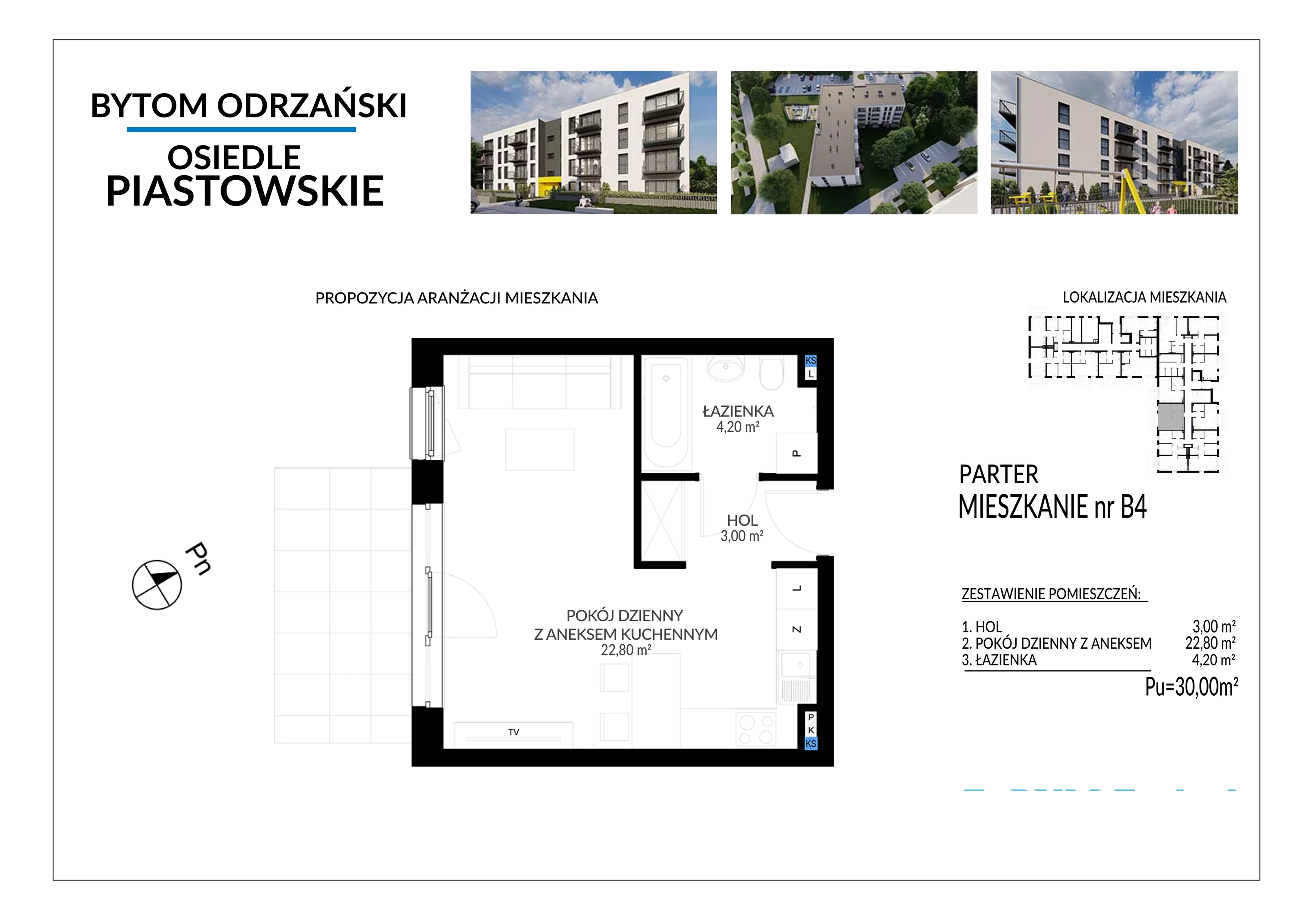 1 pokój, mieszkanie 30,00 m², parter, oferta nr B4, Osiedle Piastowskie, Bytom Odrzański, ul. Witosa