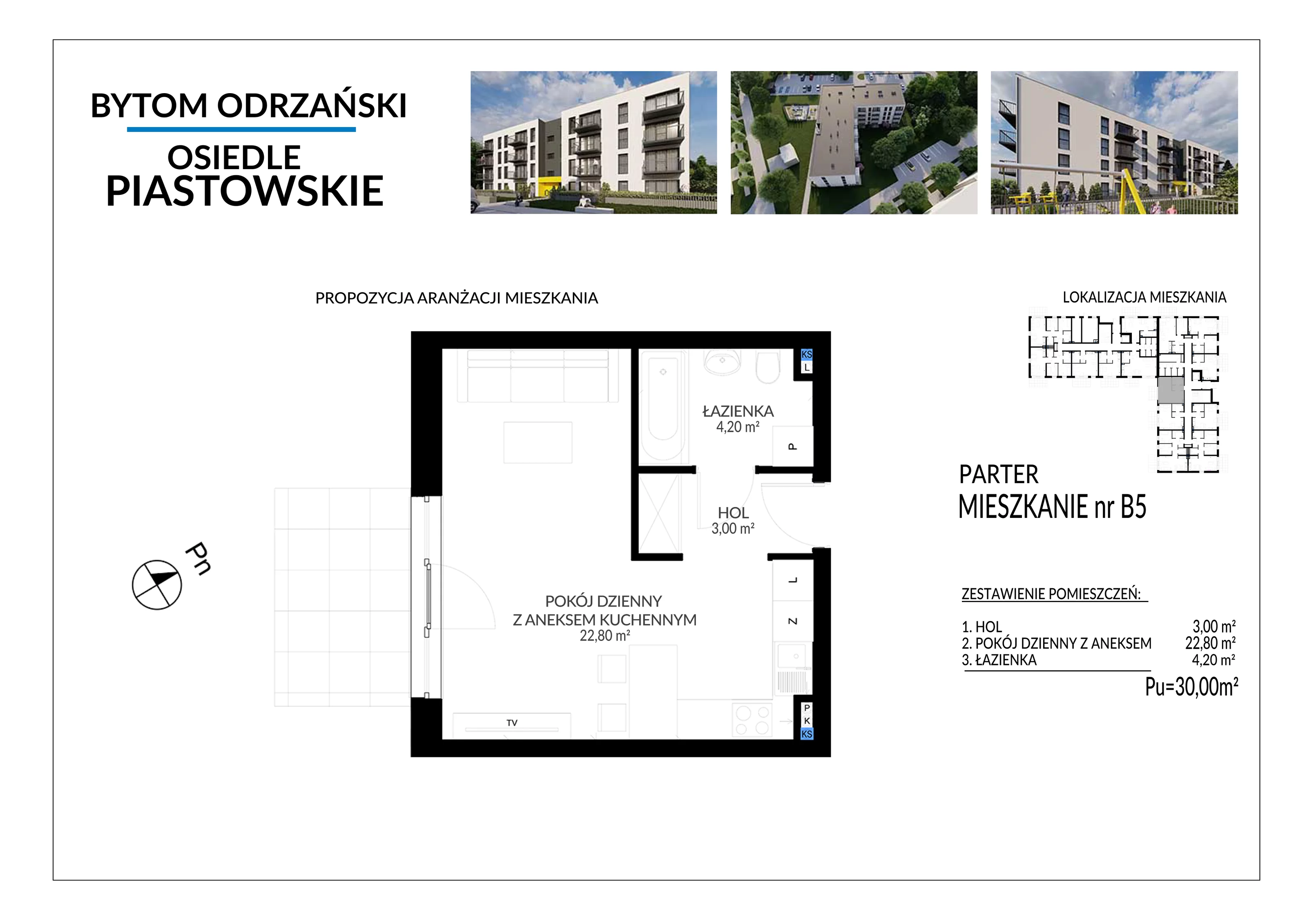1 pokój, mieszkanie 30,00 m², parter, oferta nr B5, Osiedle Piastowskie, Bytom Odrzański, ul. Witosa