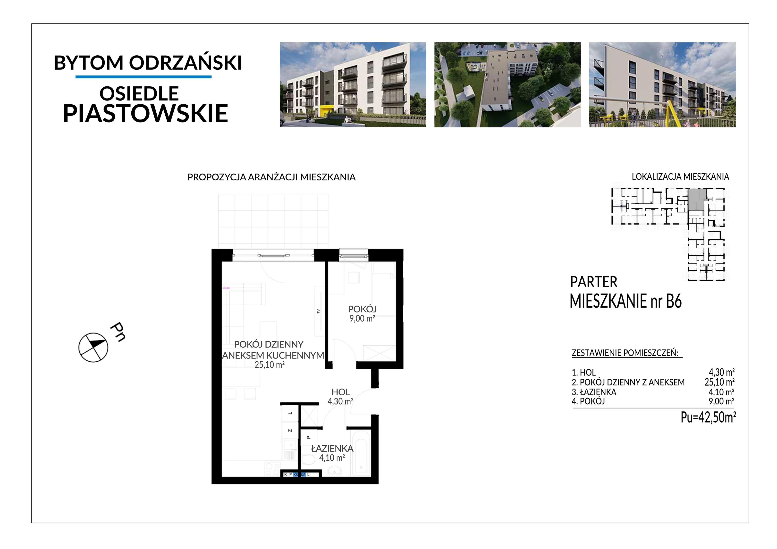 2 pokoje, mieszkanie 42,50 m², parter, oferta nr B6, Osiedle Piastowskie, Bytom Odrzański, ul. Witosa
