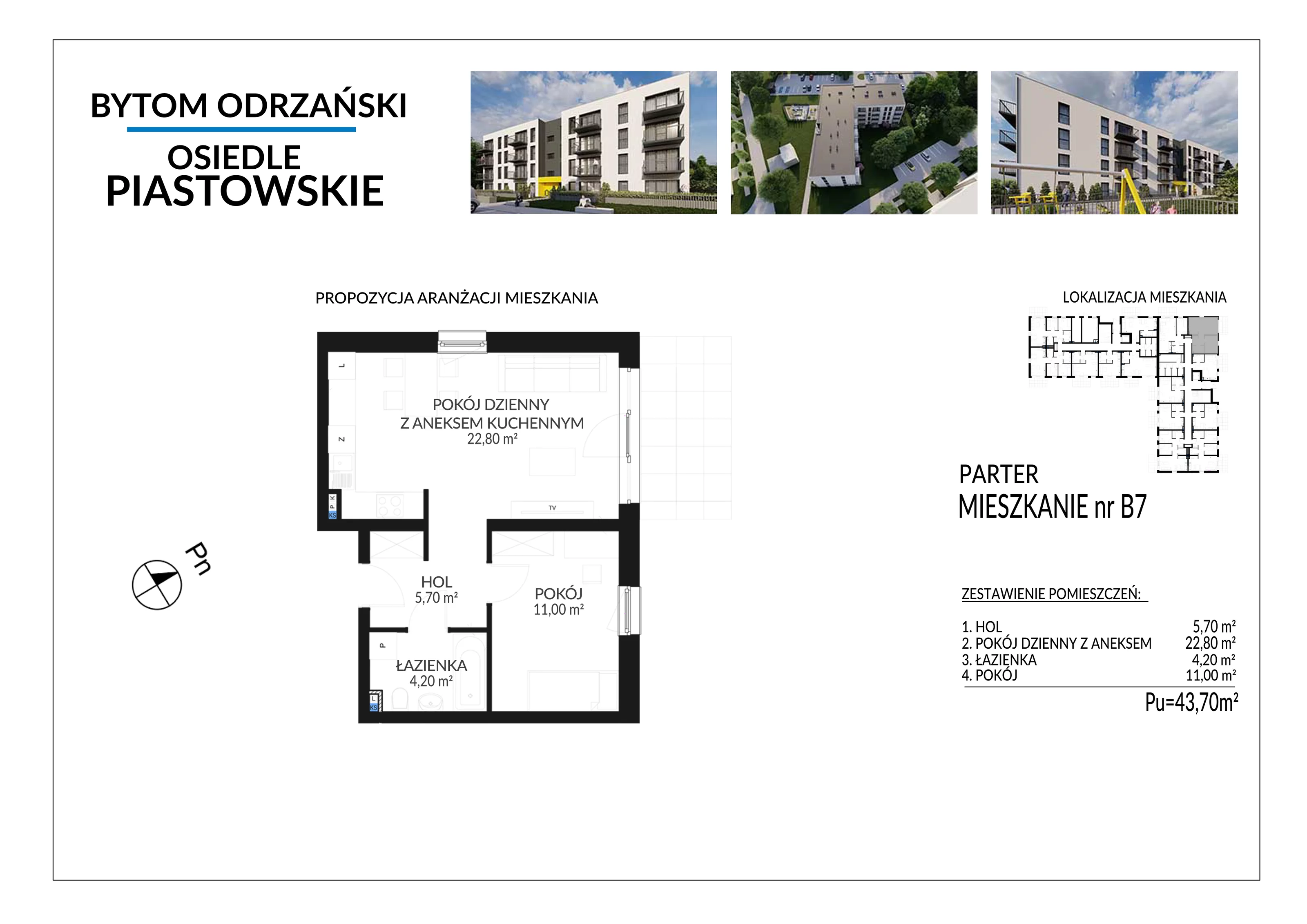 2 pokoje, mieszkanie 43,70 m², parter, oferta nr B7, Osiedle Piastowskie, Bytom Odrzański, ul. Witosa