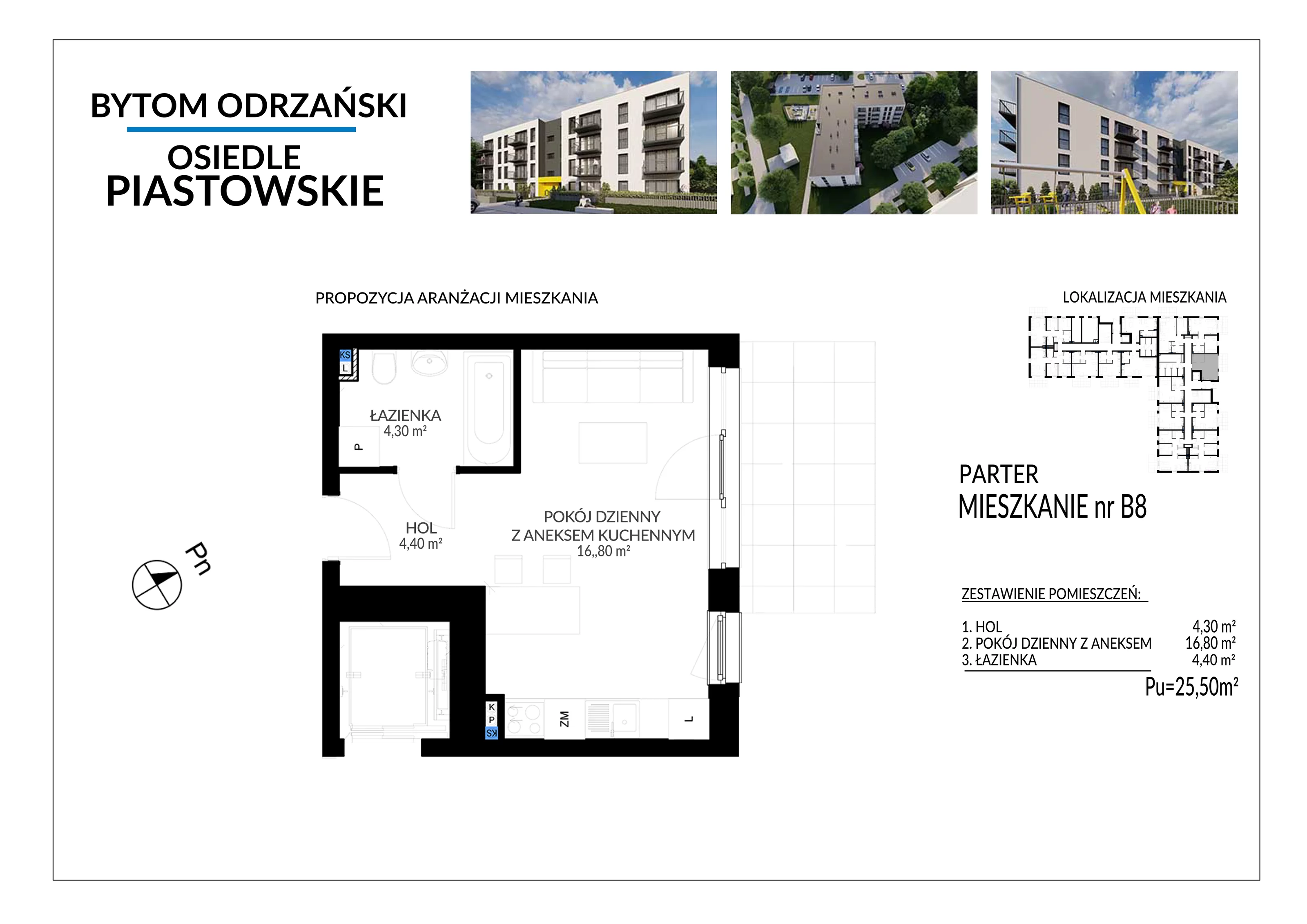 1 pokój, mieszkanie 25,50 m², parter, oferta nr B8, Osiedle Piastowskie, Bytom Odrzański, ul. Witosa