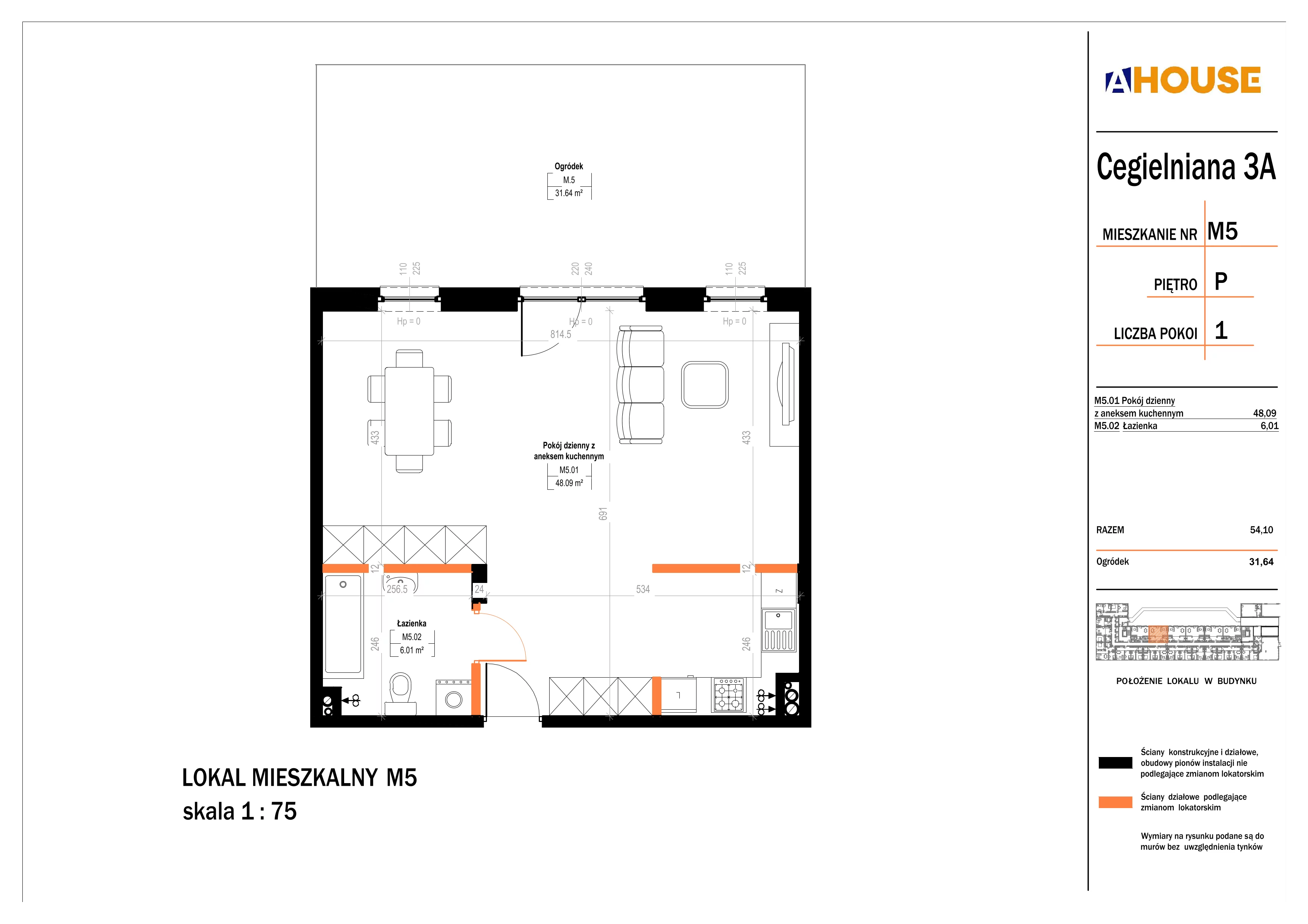 1 pokój, mieszkanie 54,10 m², parter, oferta nr 5, Osiedle StaLove Etap II, Grodzisk Mazowiecki, ul. Cegielniana 3