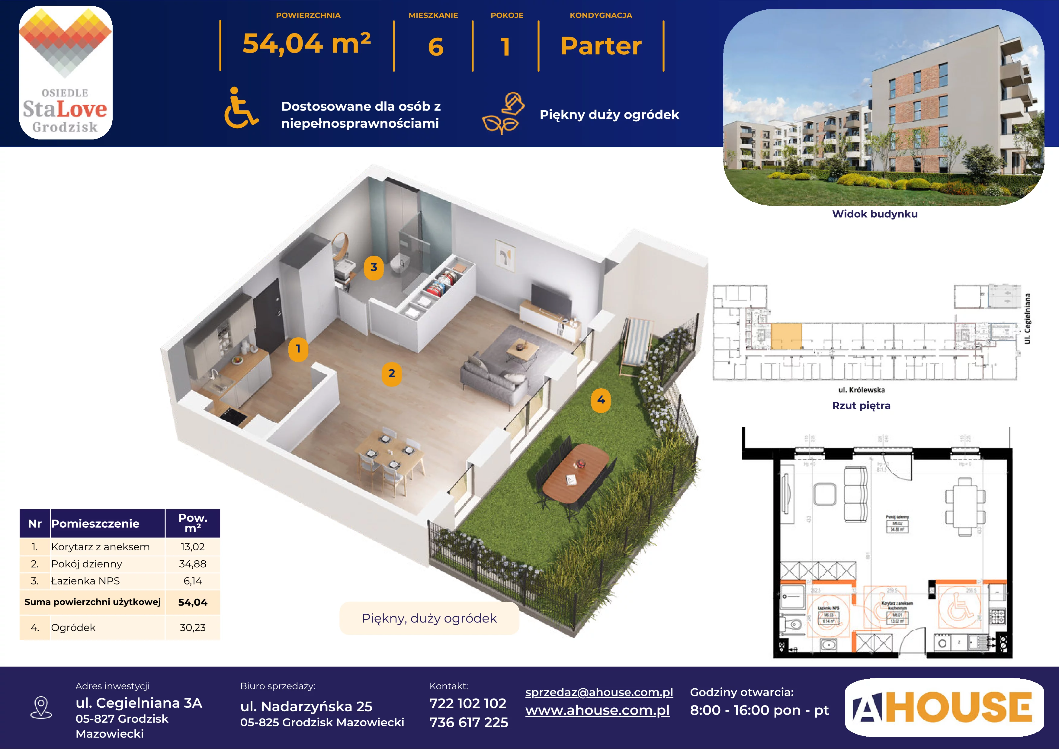 1 pokój, mieszkanie 54,08 m², parter, oferta nr 6, Osiedle StaLove Etap II, Grodzisk Mazowiecki, ul. Cegielniana 3