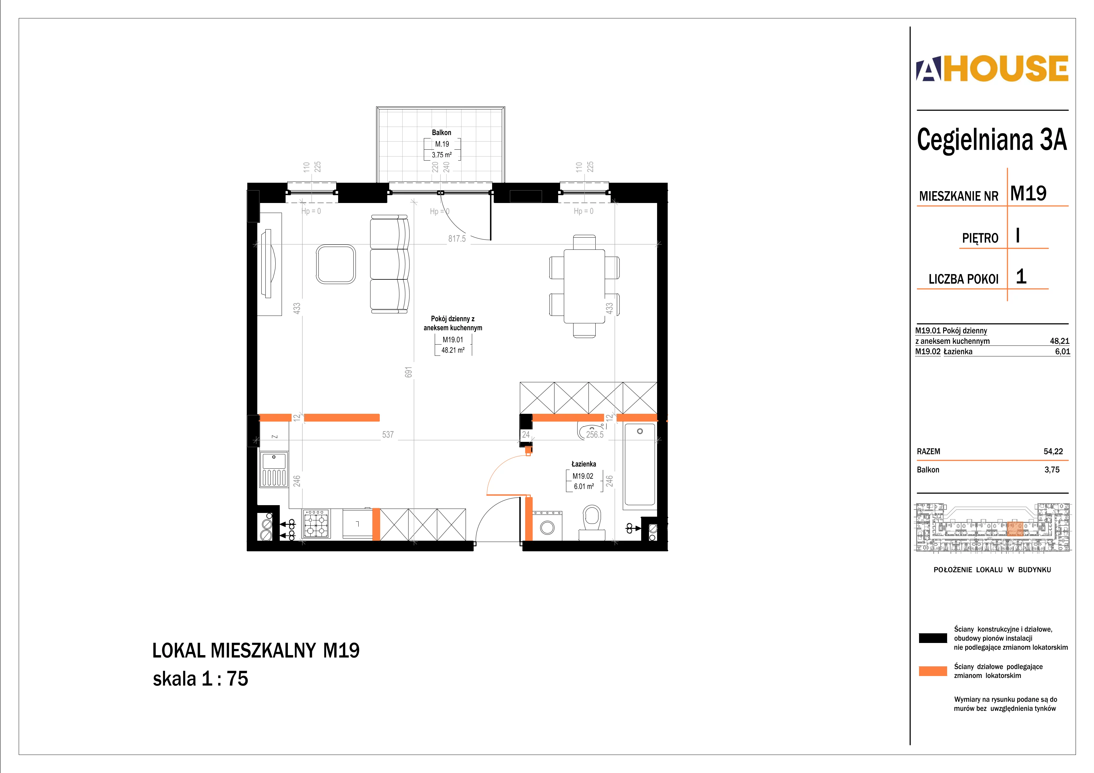 1 pokój, mieszkanie 54,22 m², piętro 1, oferta nr 19, Osiedle StaLove Etap II, Grodzisk Mazowiecki, ul. Cegielniana 3