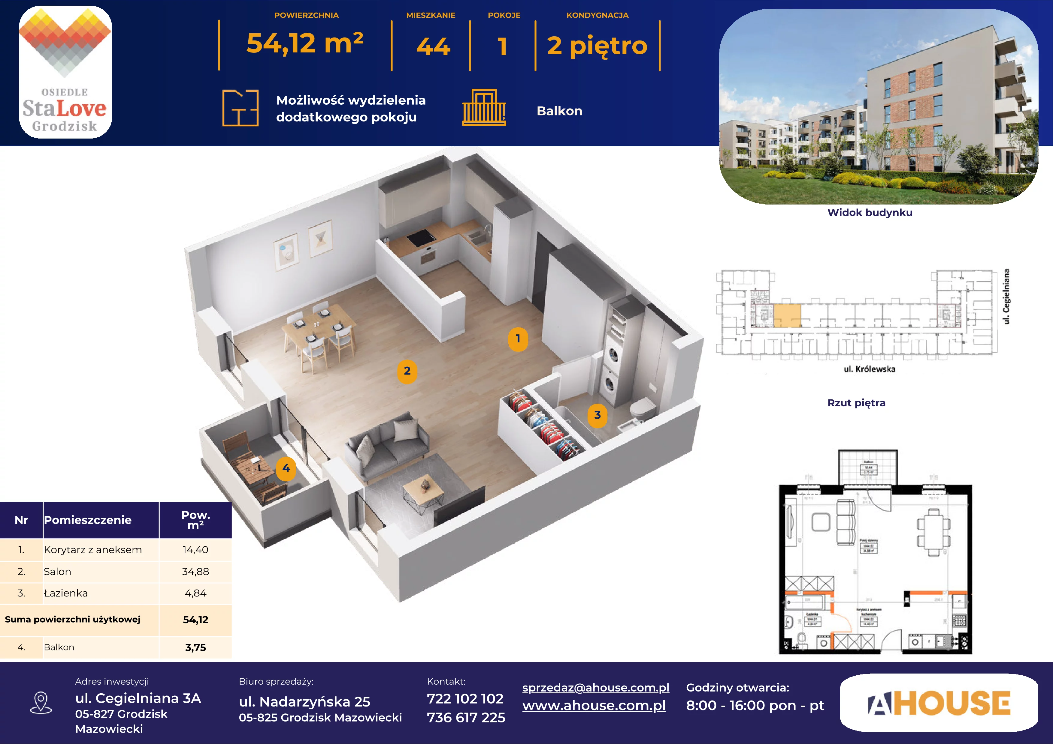 1 pokój, mieszkanie 54,08 m², piętro 2, oferta nr 44, Osiedle StaLove Etap II, Grodzisk Mazowiecki, ul. Cegielniana 3