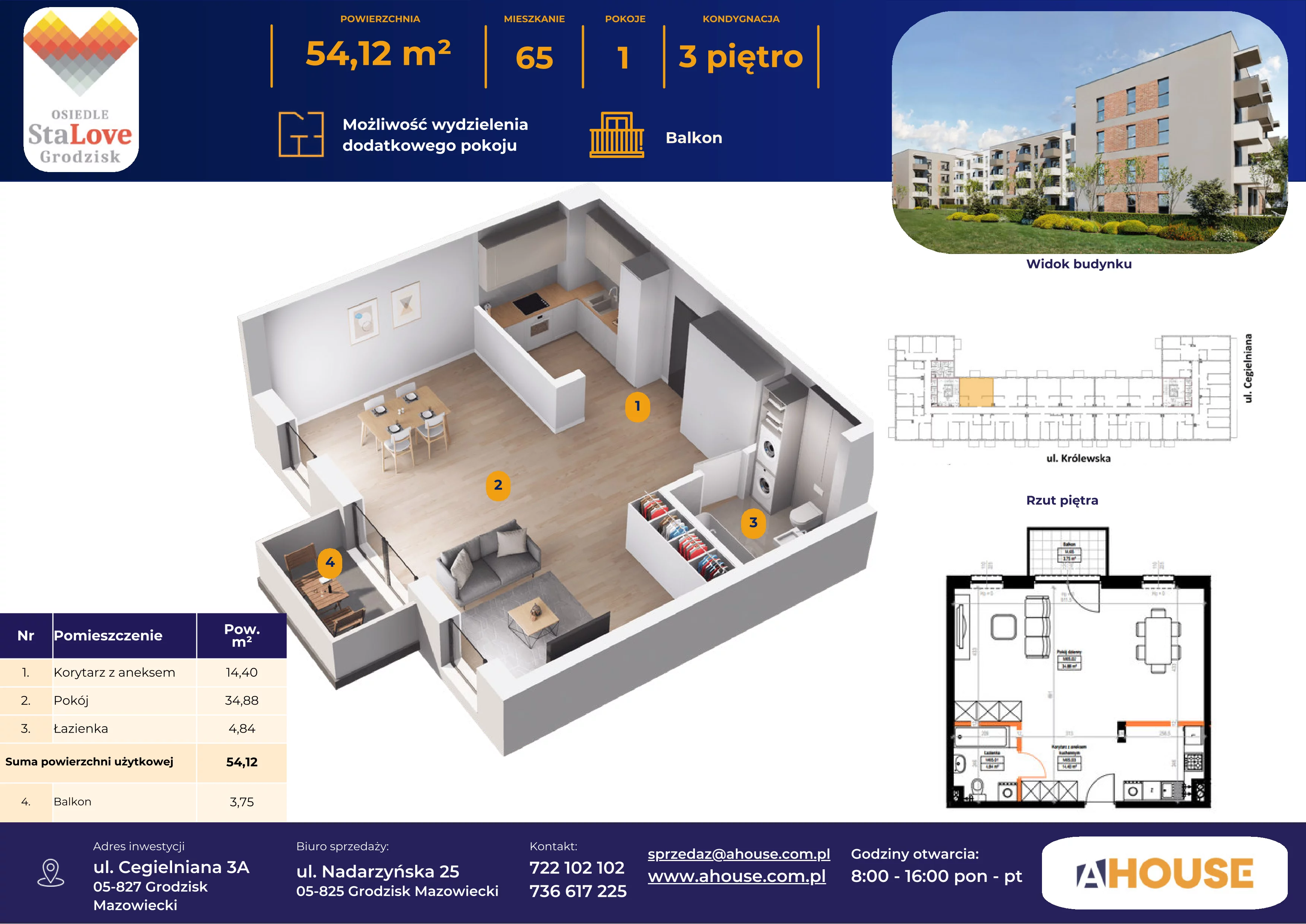 1 pokój, mieszkanie 54,08 m², piętro 3, oferta nr 65, Osiedle StaLove Etap II, Grodzisk Mazowiecki, ul. Cegielniana 3