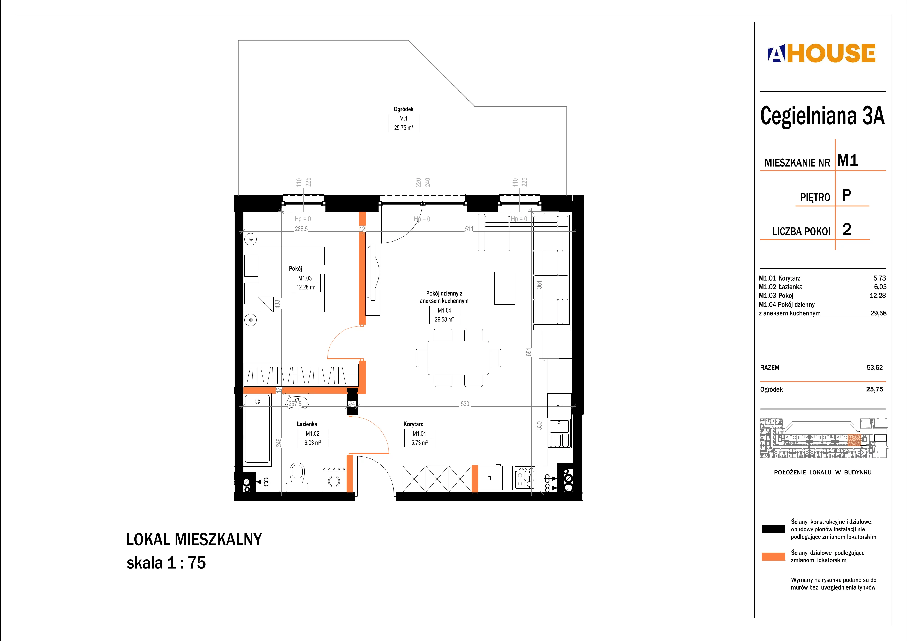 2 pokoje, mieszkanie 53,62 m², parter, oferta nr 1, Osiedle StaLove Etap II, Grodzisk Mazowiecki, ul. Cegielniana 3