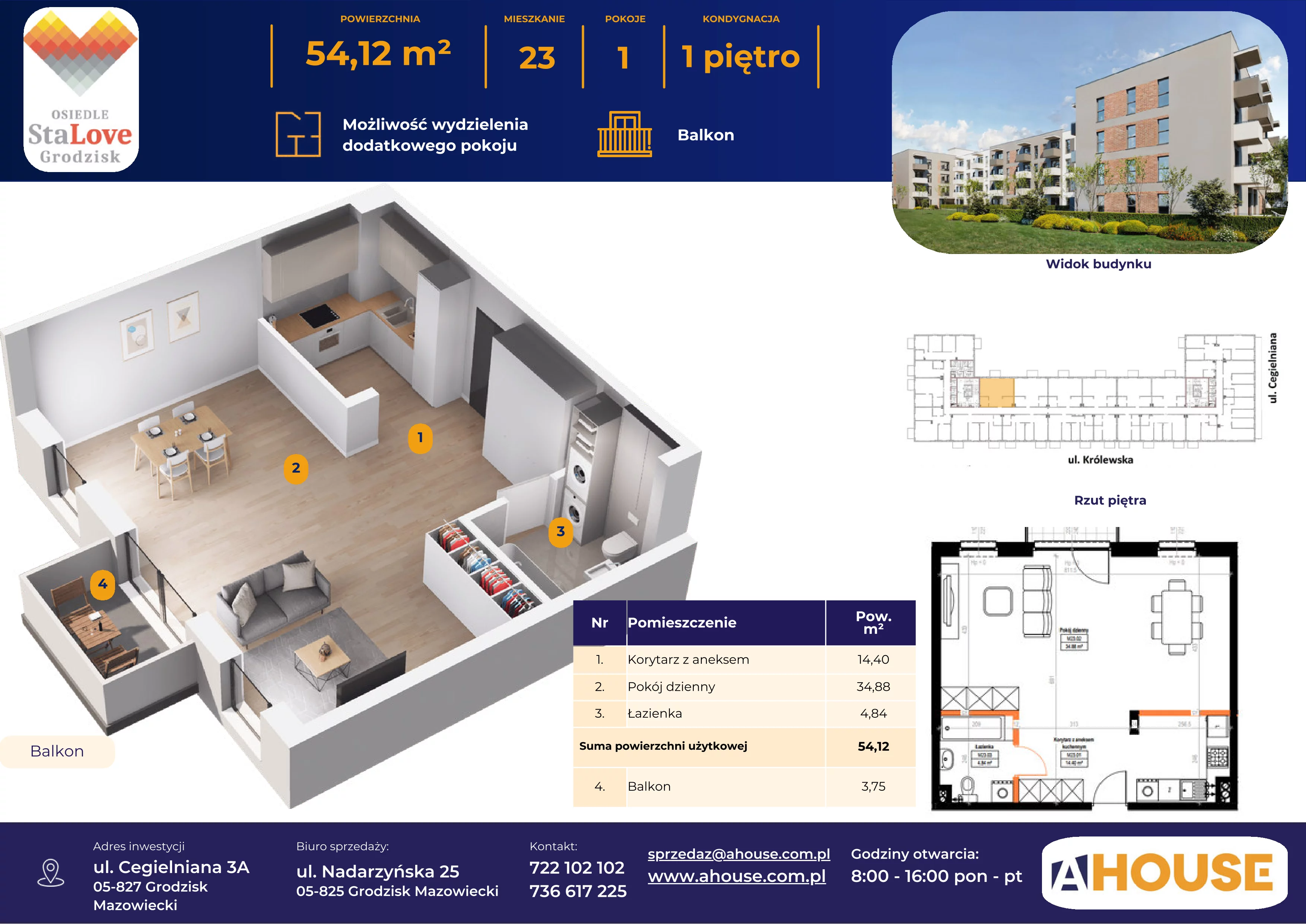 2 pokoje, mieszkanie 54,08 m², piętro 1, oferta nr 23, Osiedle StaLove Etap II, Grodzisk Mazowiecki, ul. Cegielniana 3