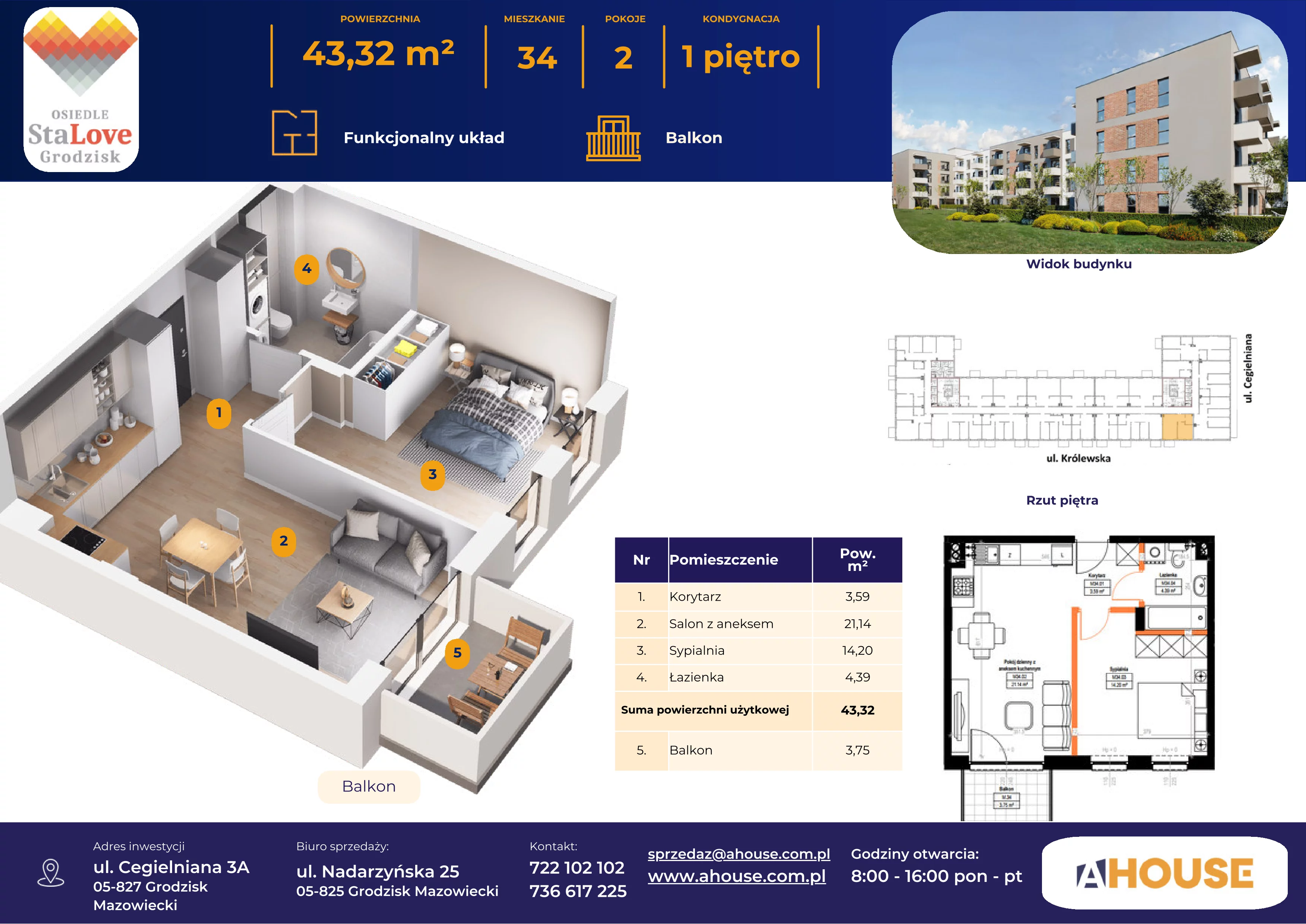 2 pokoje, mieszkanie 43,33 m², piętro 1, oferta nr 34, Osiedle StaLove Etap II, Grodzisk Mazowiecki, ul. Cegielniana 3