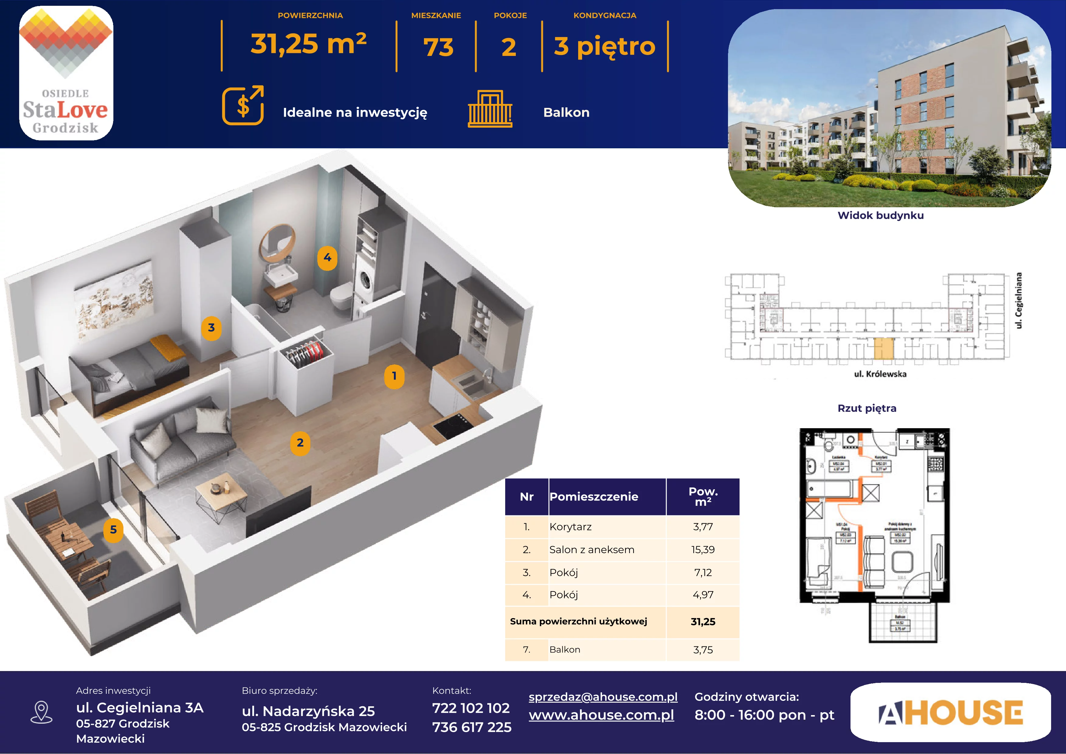 2 pokoje, mieszkanie 31,25 m², piętro 3, oferta nr 73, Osiedle StaLove Etap II, Grodzisk Mazowiecki, ul. Cegielniana 3