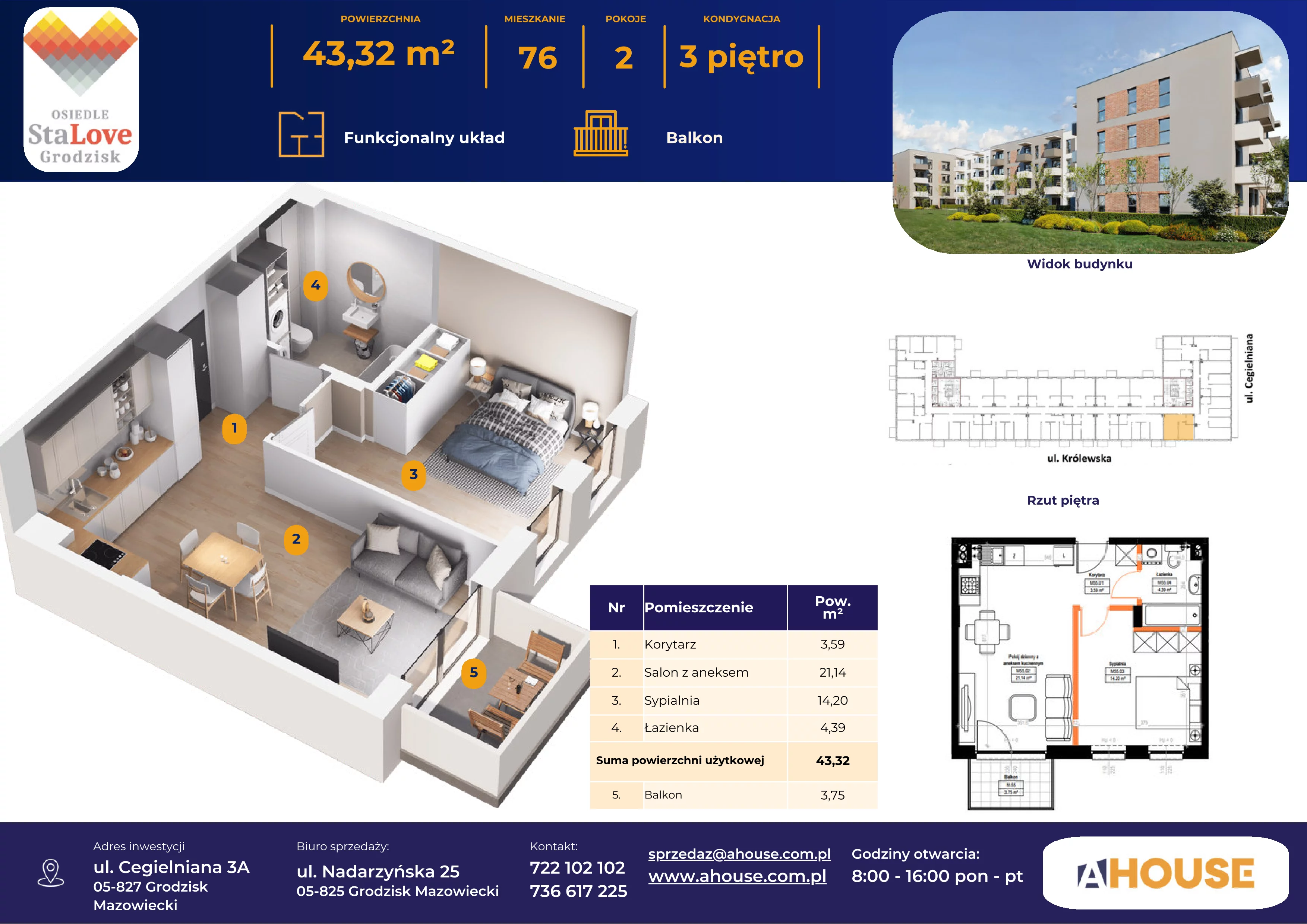 2 pokoje, mieszkanie 43,33 m², piętro 3, oferta nr 76, Osiedle StaLove Etap II, Grodzisk Mazowiecki, ul. Cegielniana 3