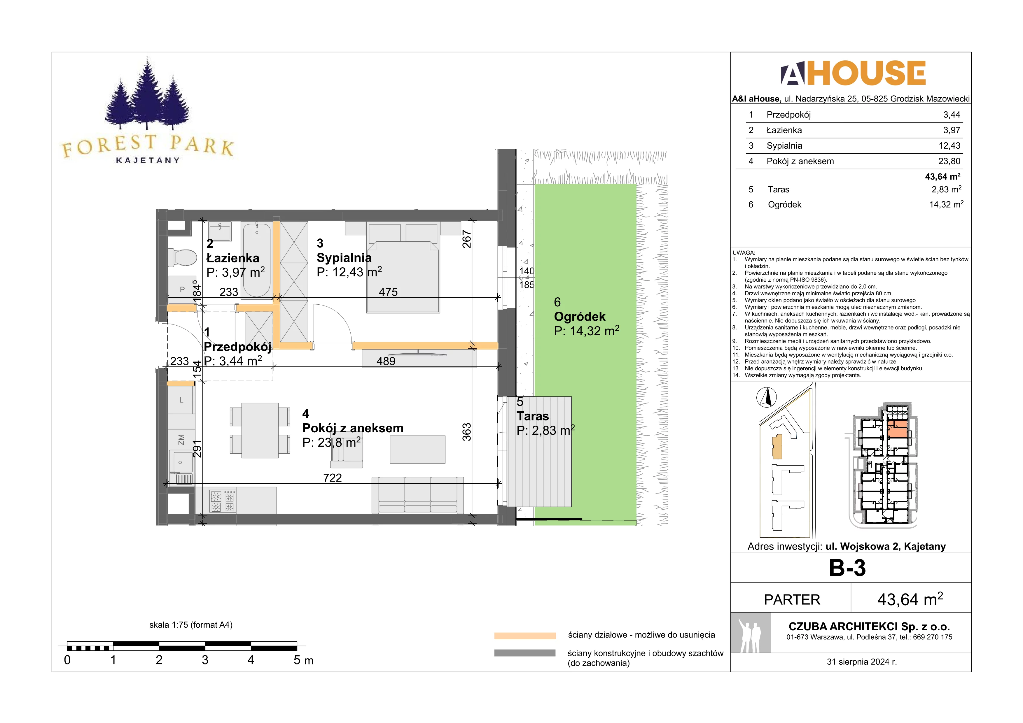 2 pokoje, mieszkanie 43,64 m², parter, oferta nr B-3, Forest Park Kajetany, Nadarzyn, ul. Wojskowa 2