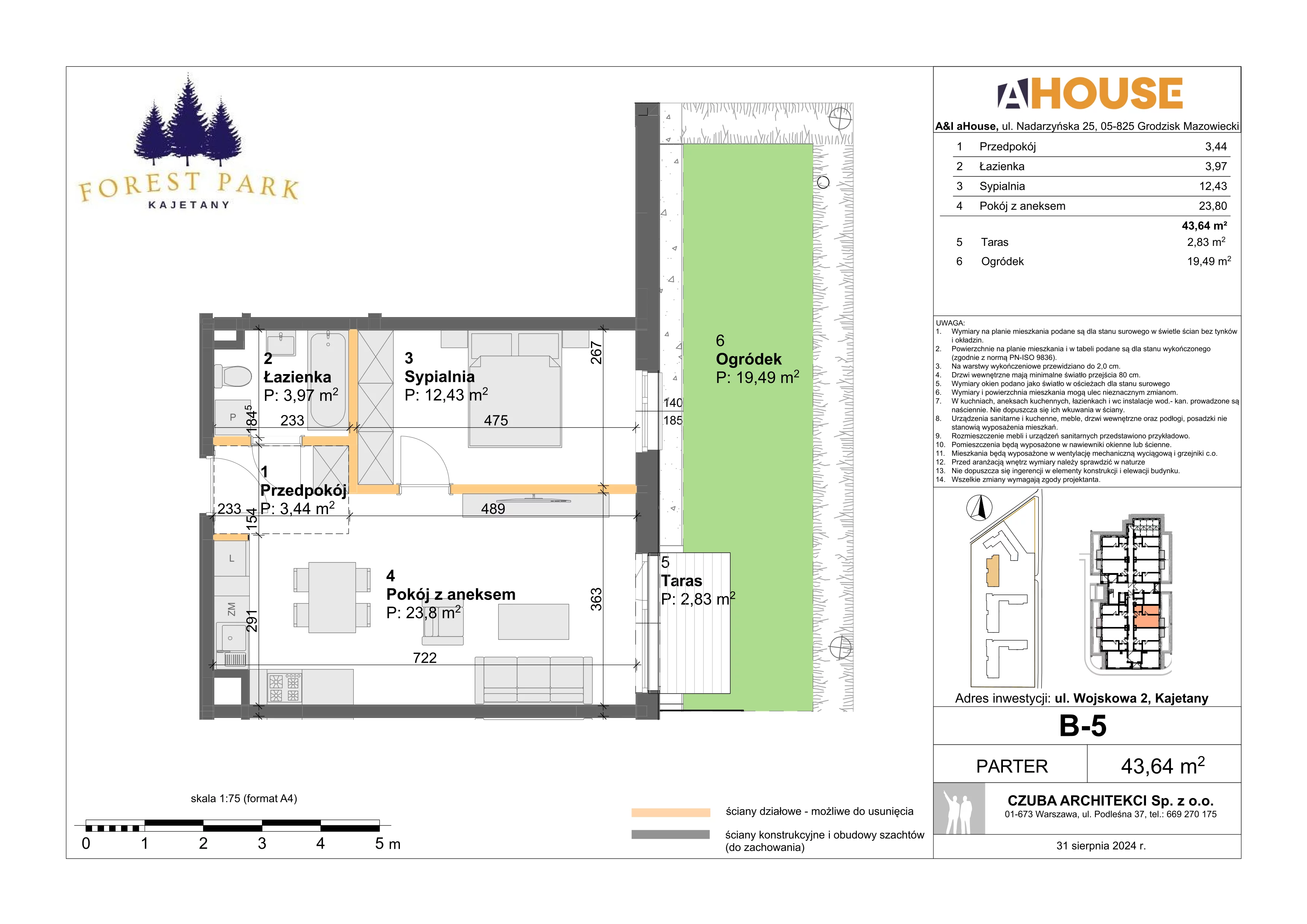 2 pokoje, mieszkanie 43,64 m², parter, oferta nr B-5, Forest Park Kajetany, Nadarzyn, ul. Wojskowa 2