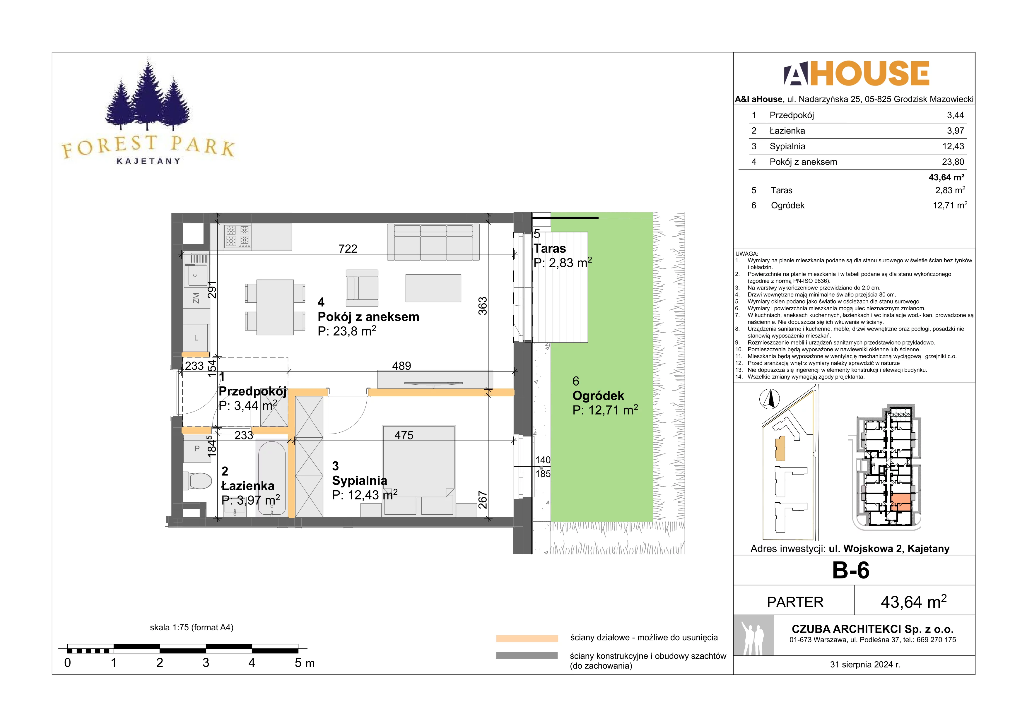 2 pokoje, mieszkanie 43,64 m², parter, oferta nr B-6, Forest Park Kajetany, Nadarzyn, ul. Wojskowa 2