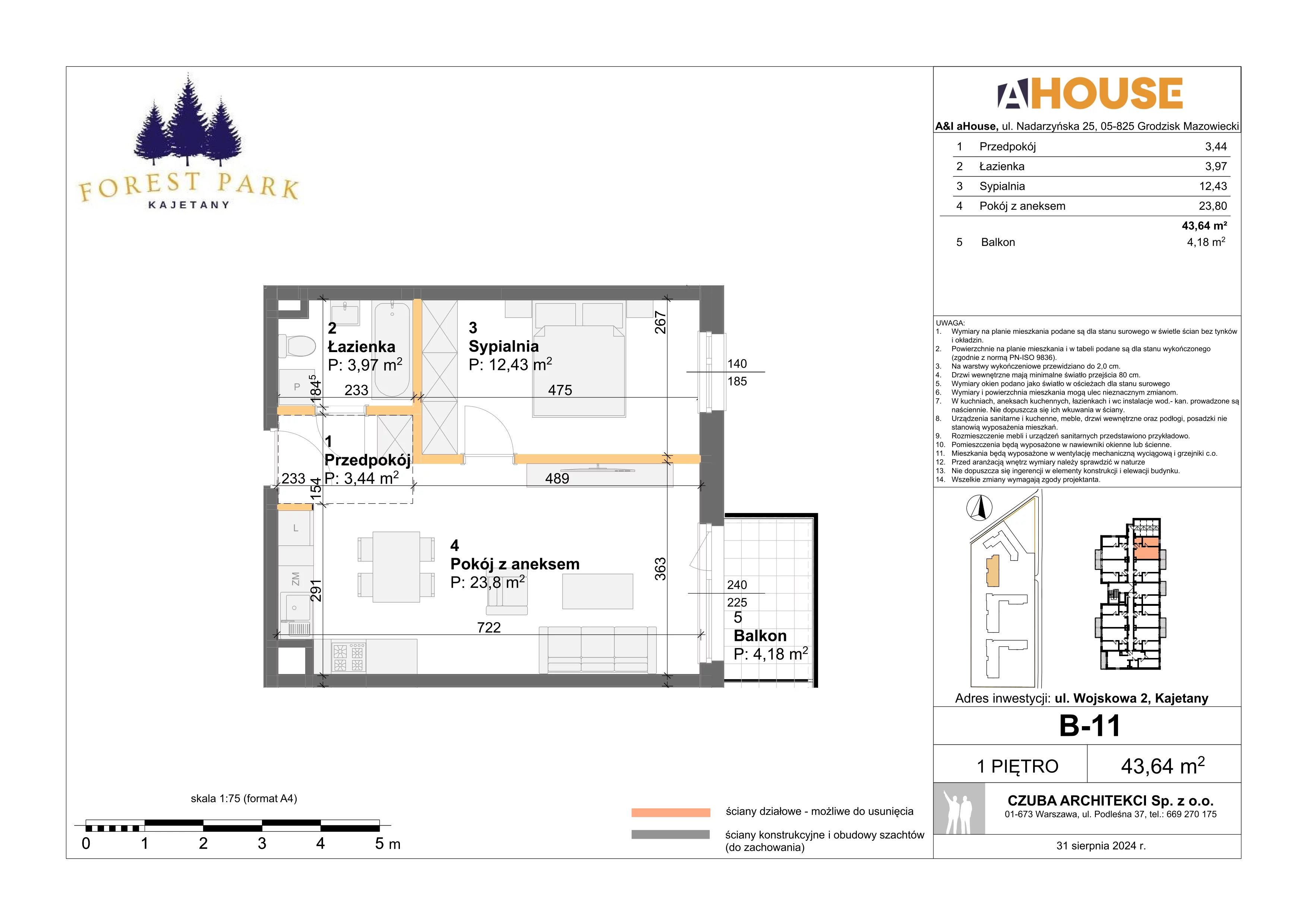 2 pokoje, mieszkanie 43,64 m², piętro 1, oferta nr B-11, Forest Park Kajetany, Nadarzyn, ul. Wojskowa 2