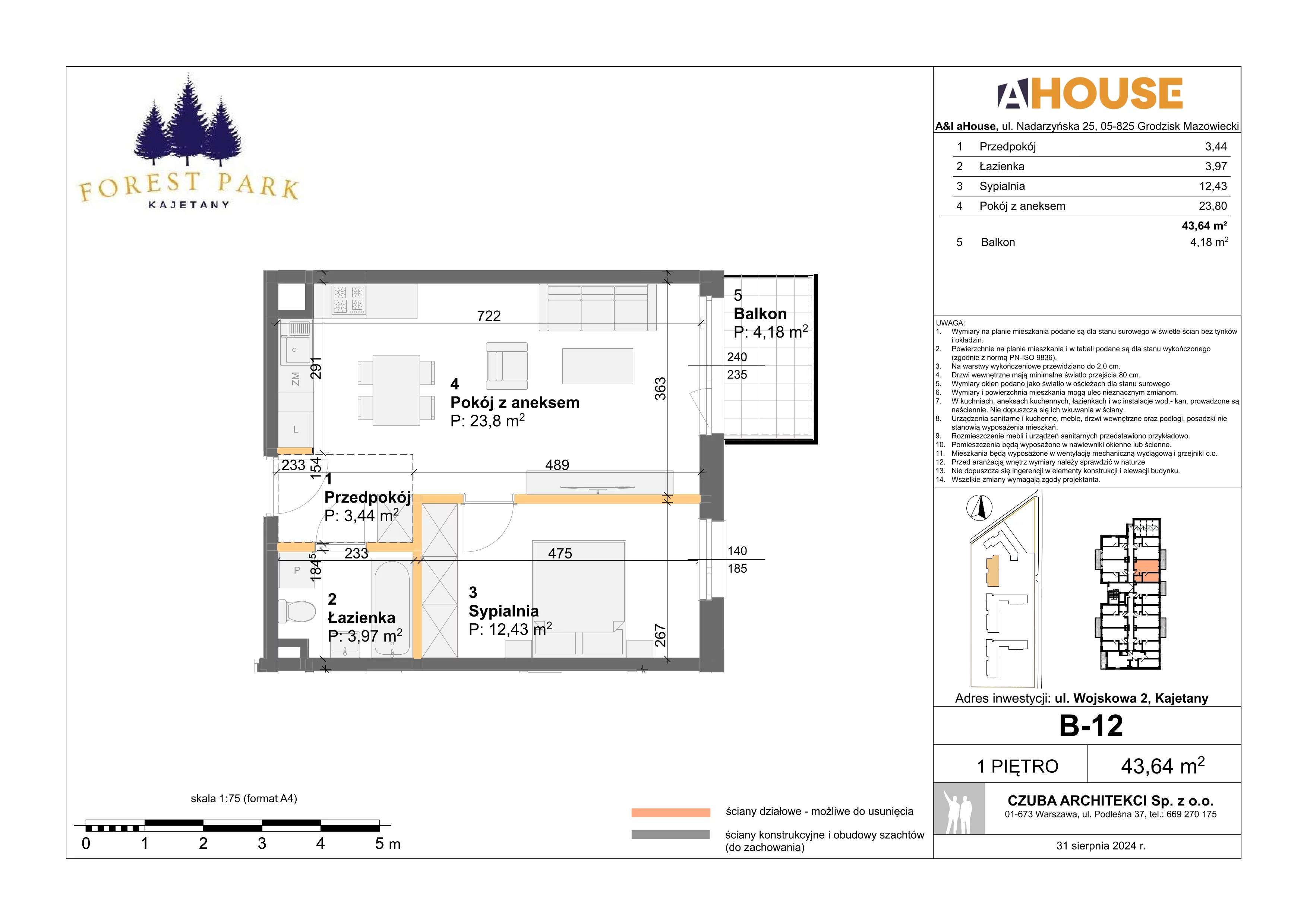 2 pokoje, mieszkanie 43,64 m², piętro 1, oferta nr B-12, Forest Park Kajetany, Nadarzyn, ul. Wojskowa 2