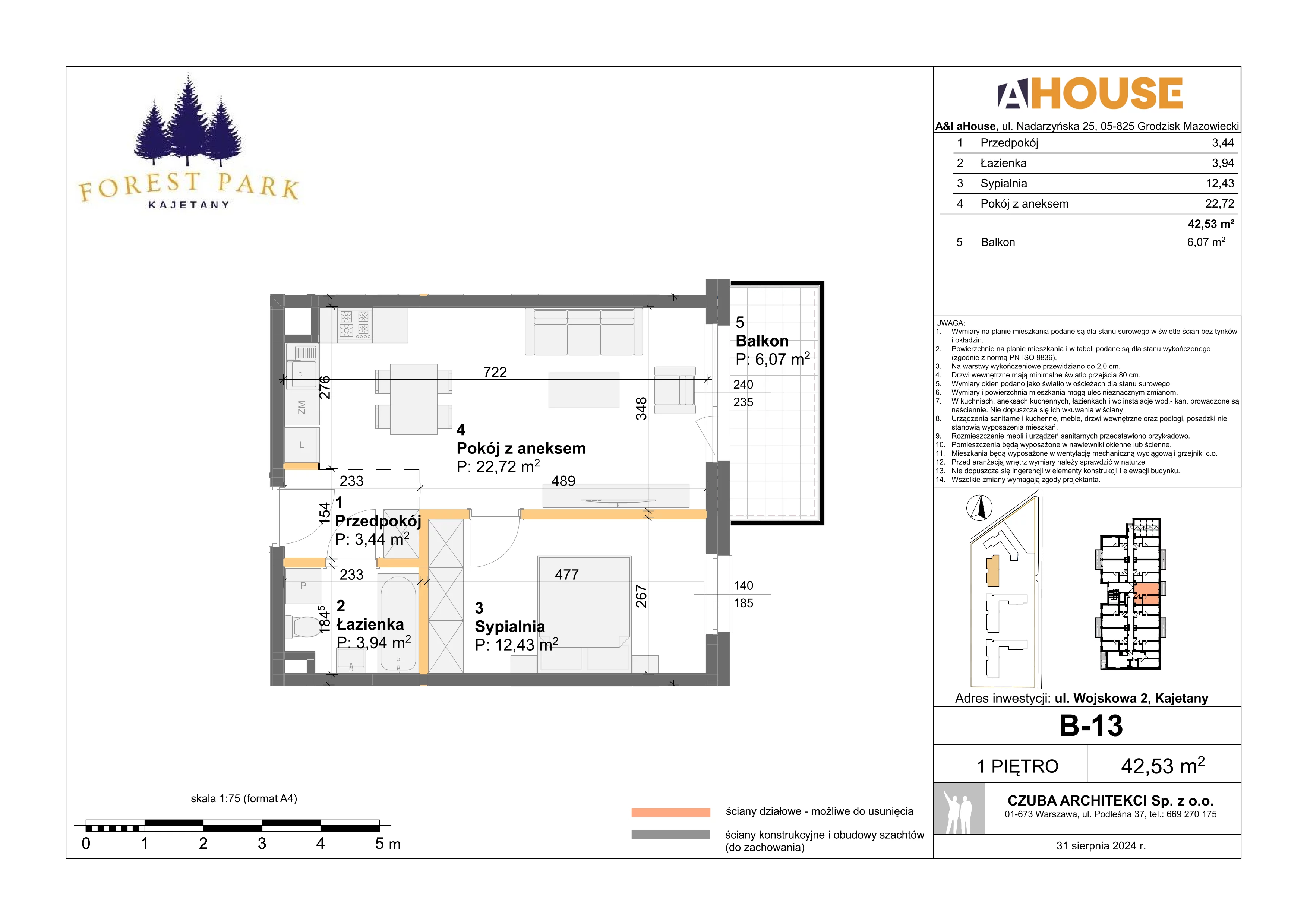 2 pokoje, mieszkanie 42,53 m², piętro 1, oferta nr B-13, Forest Park Kajetany, Nadarzyn, ul. Wojskowa 2