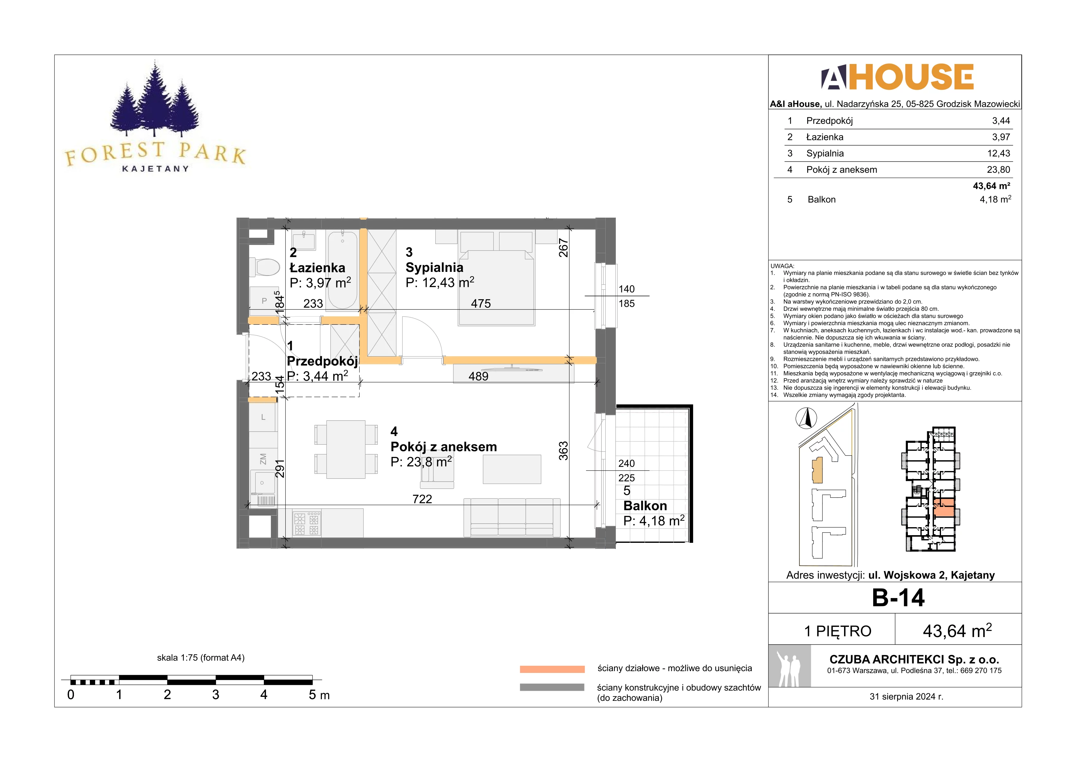 2 pokoje, mieszkanie 43,64 m², piętro 1, oferta nr B-14, Forest Park Kajetany, Nadarzyn, ul. Wojskowa 2