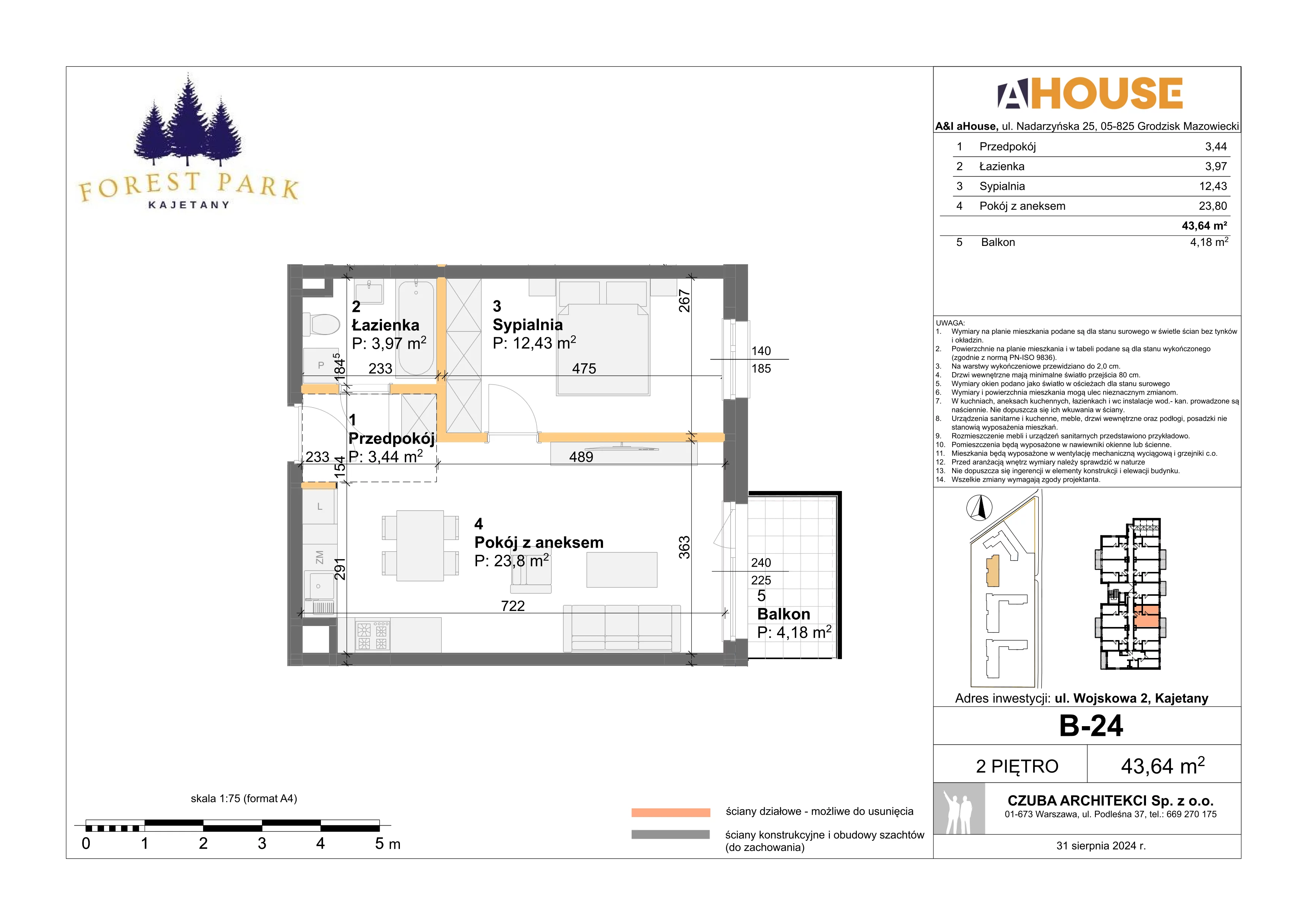 2 pokoje, mieszkanie 43,64 m², piętro 2, oferta nr B-24, Forest Park Kajetany, Nadarzyn, ul. Wojskowa 2