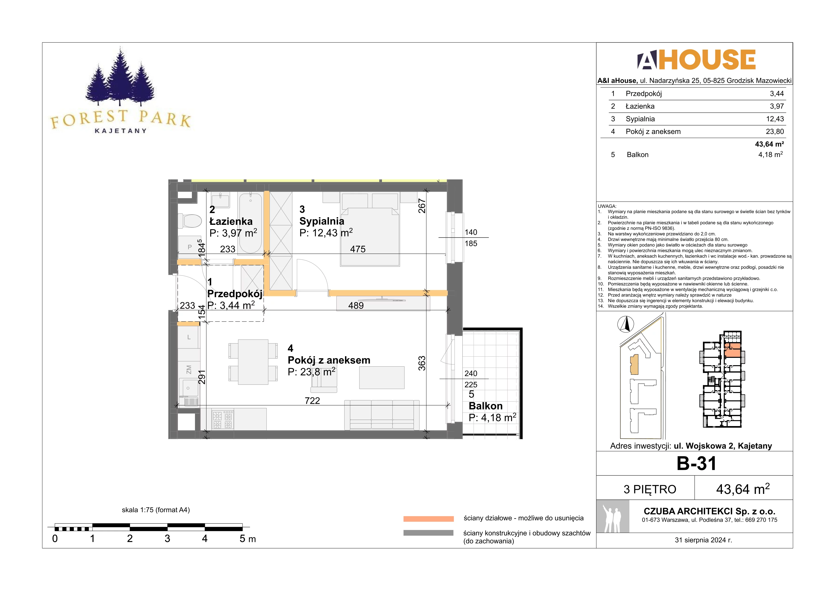 2 pokoje, mieszkanie 43,64 m², piętro 3, oferta nr B-31, Forest Park Kajetany, Nadarzyn, ul. Wojskowa 2