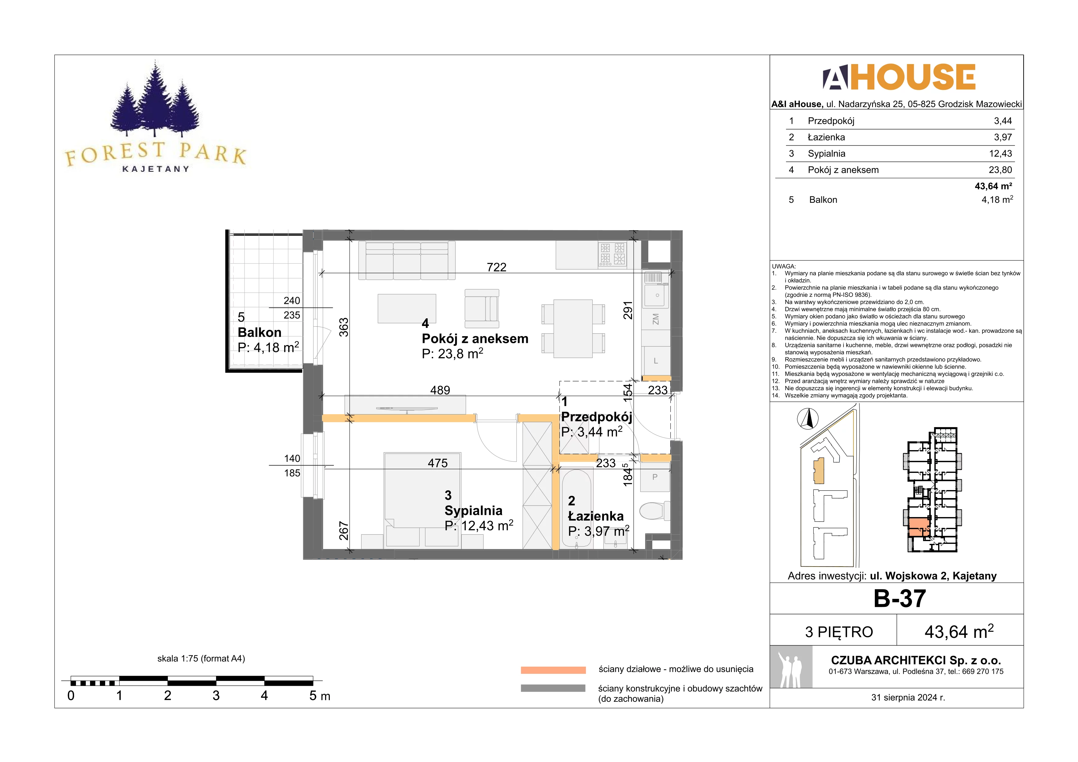 2 pokoje, mieszkanie 43,64 m², piętro 3, oferta nr B-37, Forest Park Kajetany, Nadarzyn, ul. Wojskowa 2