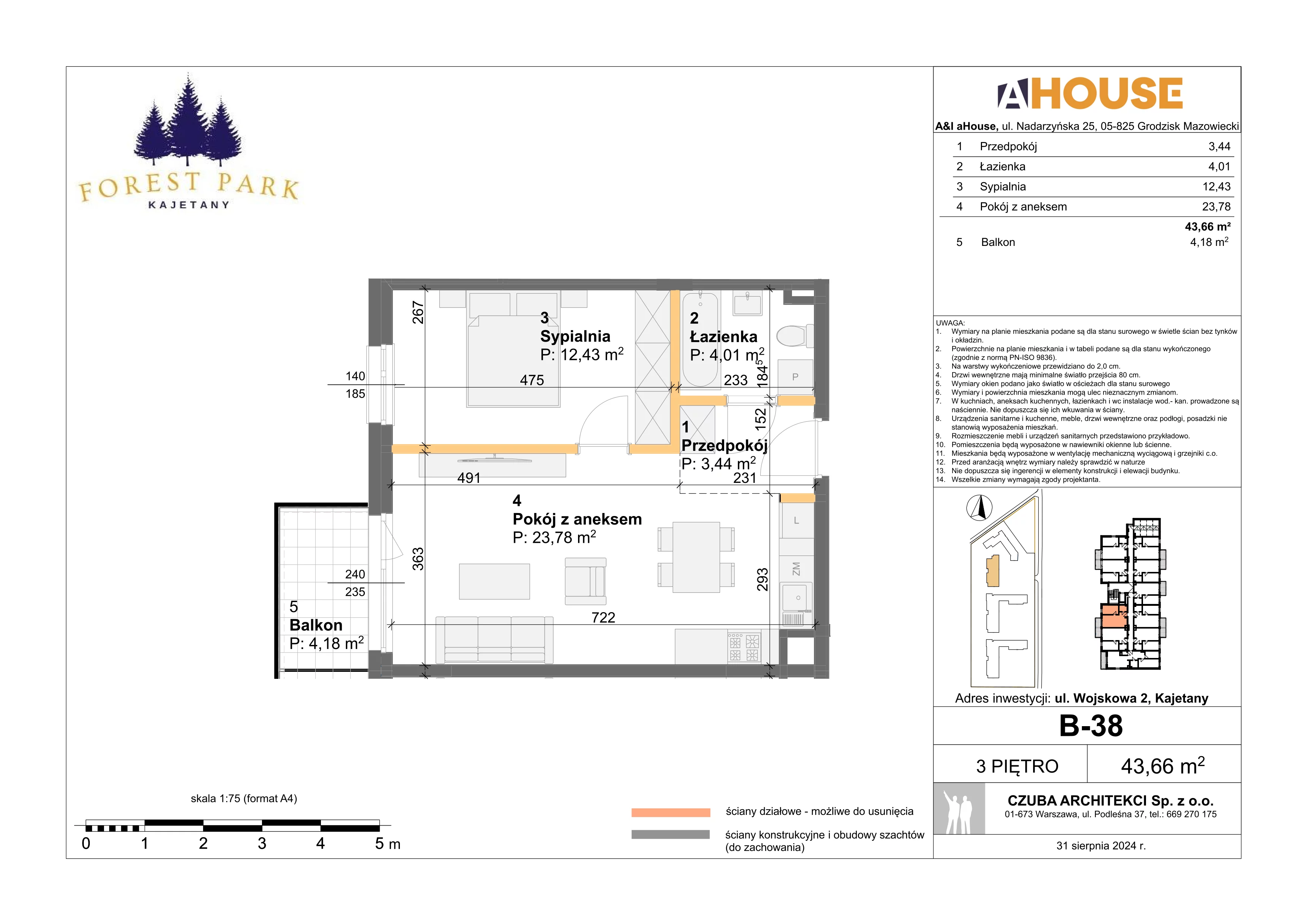 2 pokoje, mieszkanie 43,66 m², piętro 3, oferta nr B-38, Forest Park Kajetany, Nadarzyn, ul. Wojskowa 2