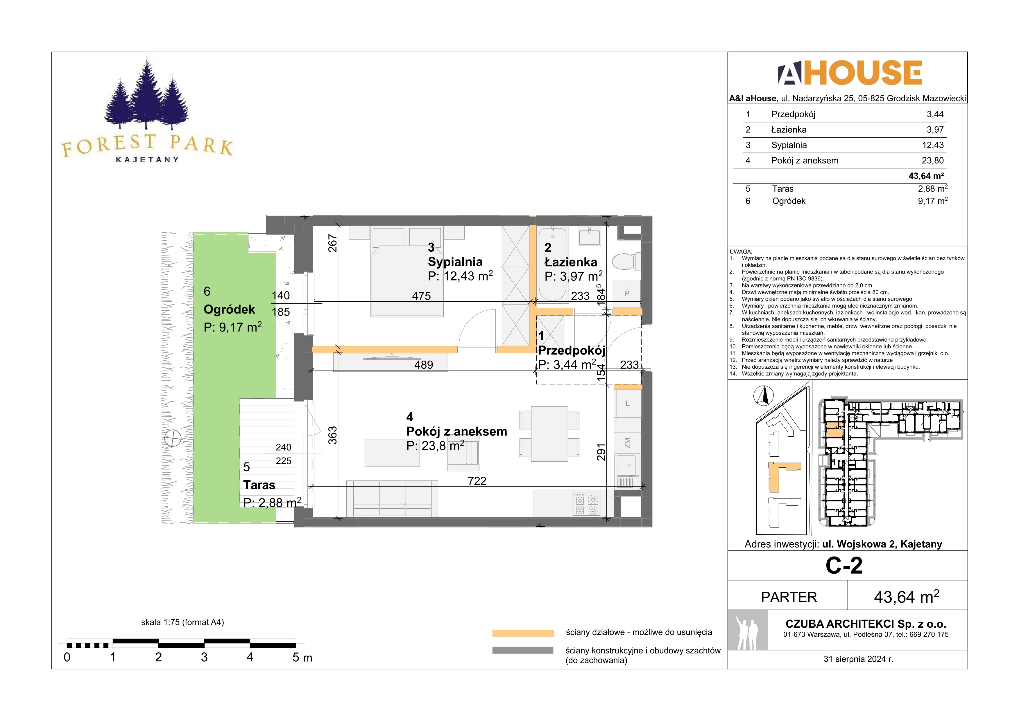2 pokoje, mieszkanie 43,64 m², parter, oferta nr C-2, Forest Park Kajetany, Nadarzyn, ul. Wojskowa 2