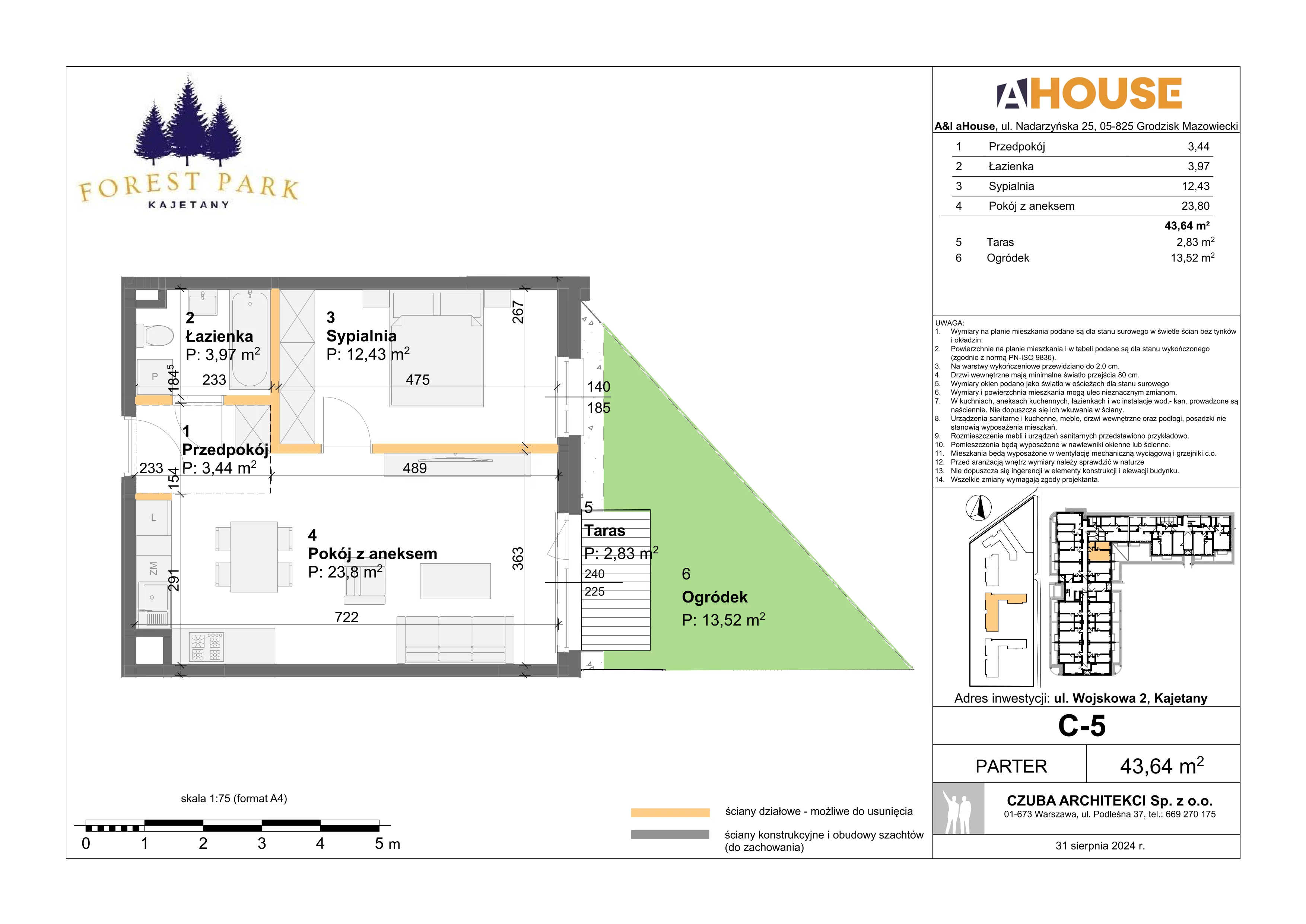 2 pokoje, mieszkanie 43,64 m², parter, oferta nr C-5, Forest Park Kajetany, Nadarzyn, ul. Wojskowa 2