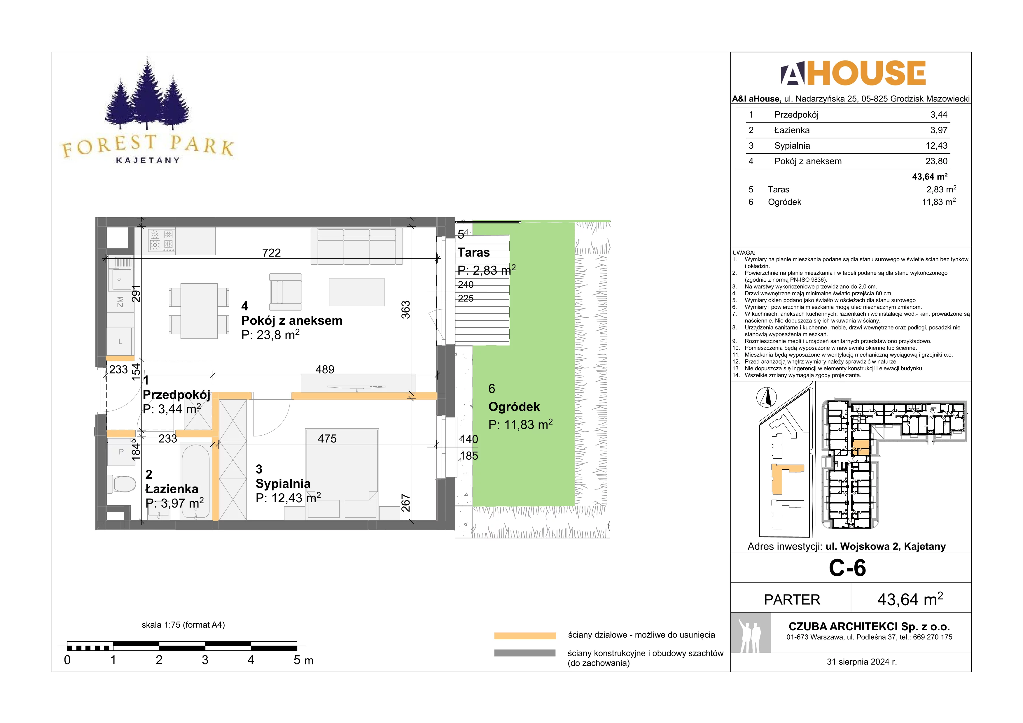 2 pokoje, mieszkanie 43,64 m², parter, oferta nr C-6, Forest Park Kajetany, Nadarzyn, ul. Wojskowa 2