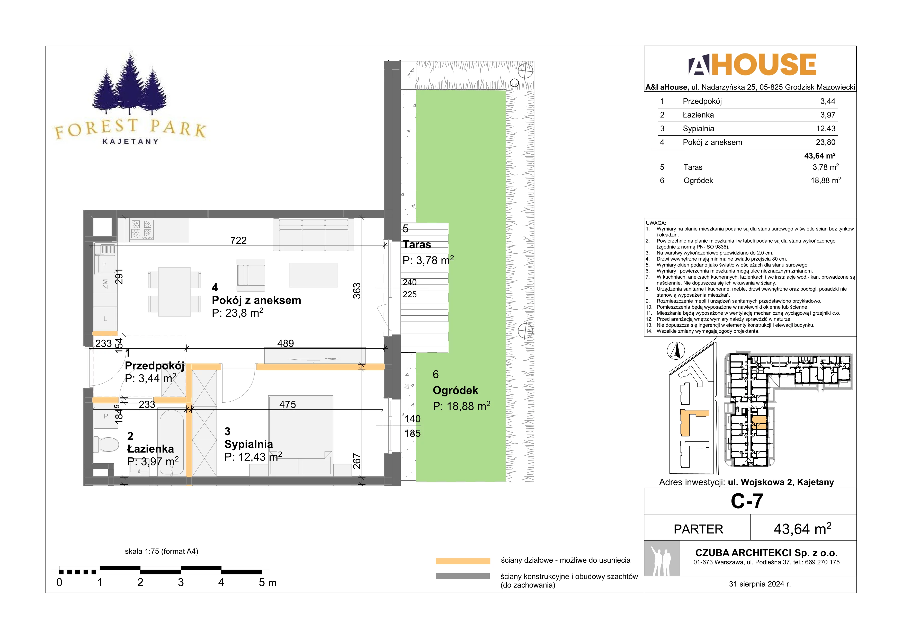 2 pokoje, mieszkanie 43,64 m², parter, oferta nr C-7, Forest Park Kajetany, Nadarzyn, ul. Wojskowa 2