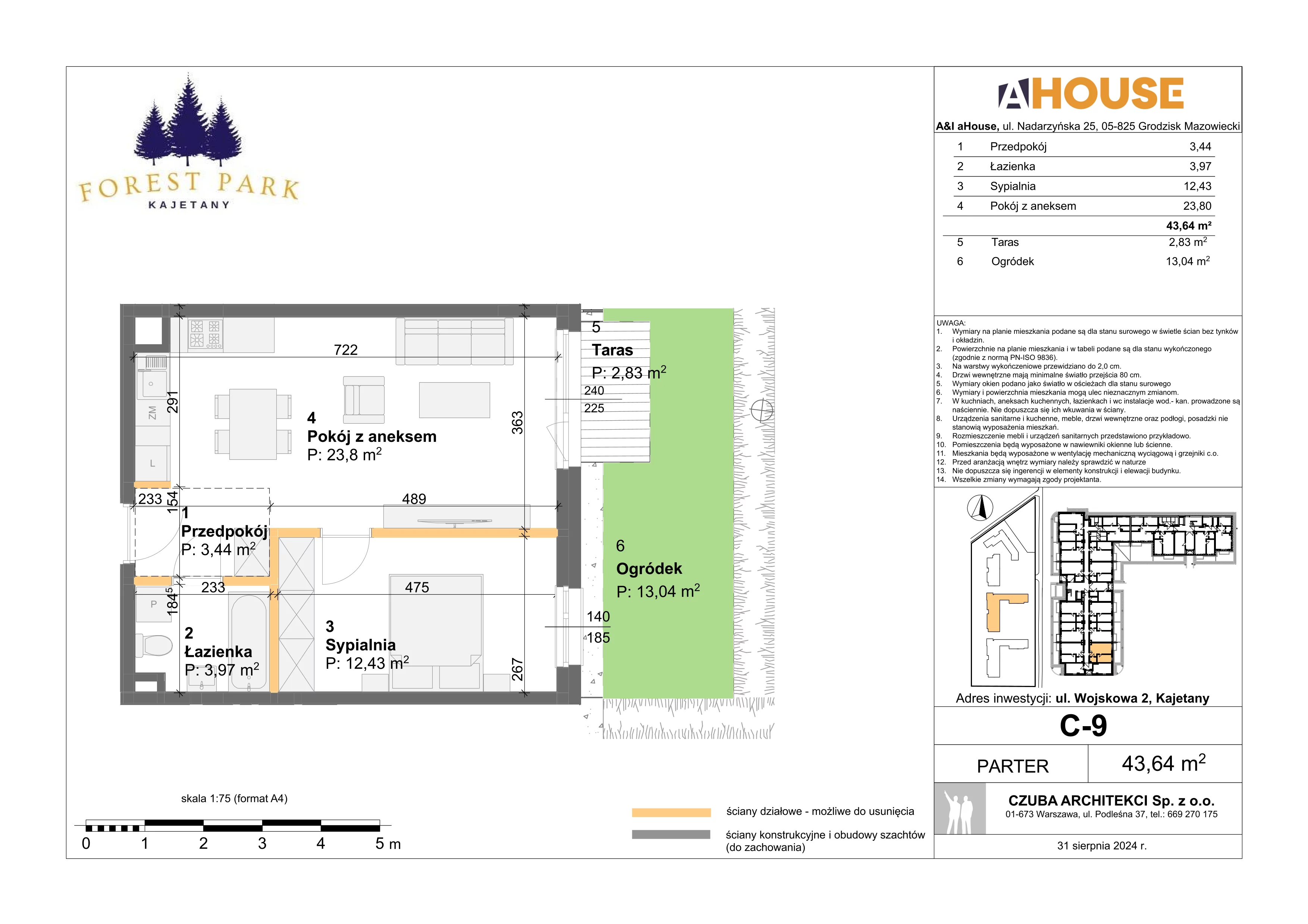 2 pokoje, mieszkanie 43,64 m², parter, oferta nr C-9, Forest Park Kajetany, Nadarzyn, ul. Wojskowa 2